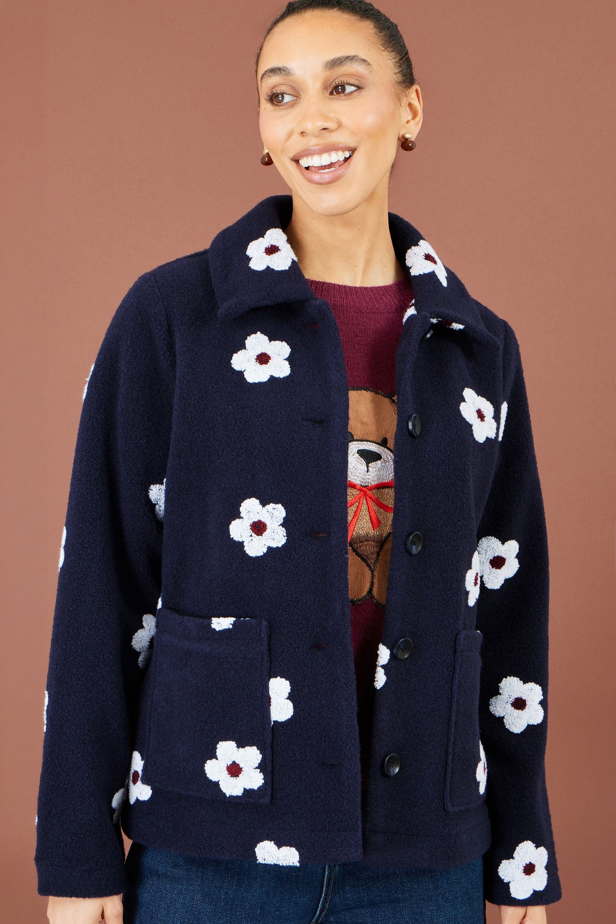 Yumi Navy Embroidered Daisy Fleece Jacket