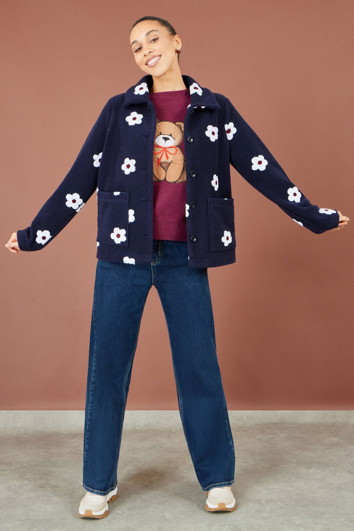 Yumi Navy Embroidered Daisy Fleece Jacket
