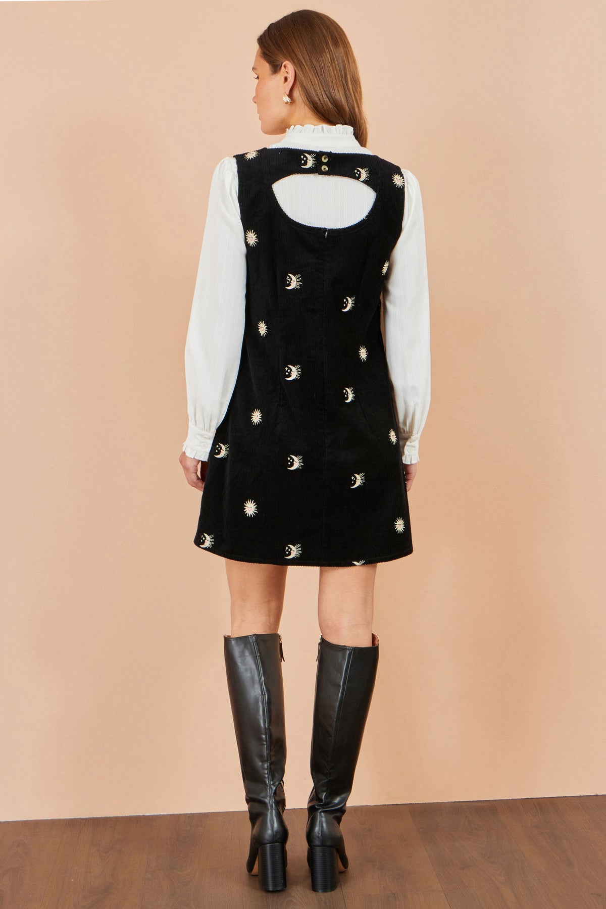 Yumi Black Cotton Cosmic Cord Pinafore Dress