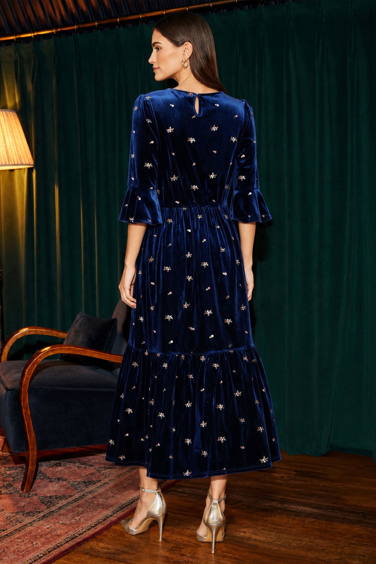 Yumi Navy Velvet Embroidered Midi Dress