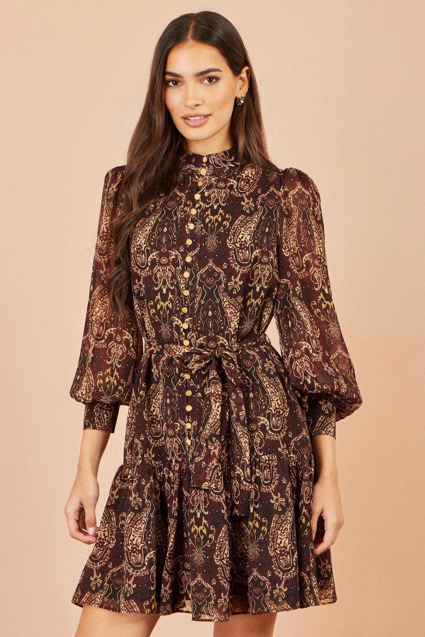 Yumi Brown Paisley Long Sleeve Shirt Dress
