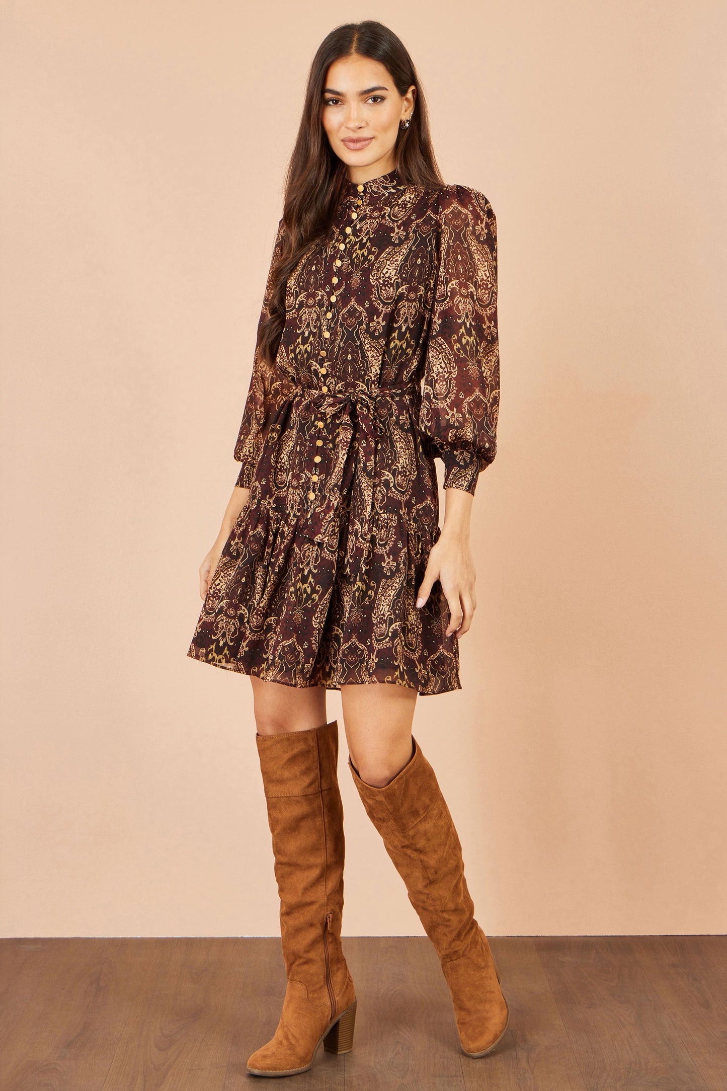 Yumi Brown Paisley Long Sleeve Shirt Dress