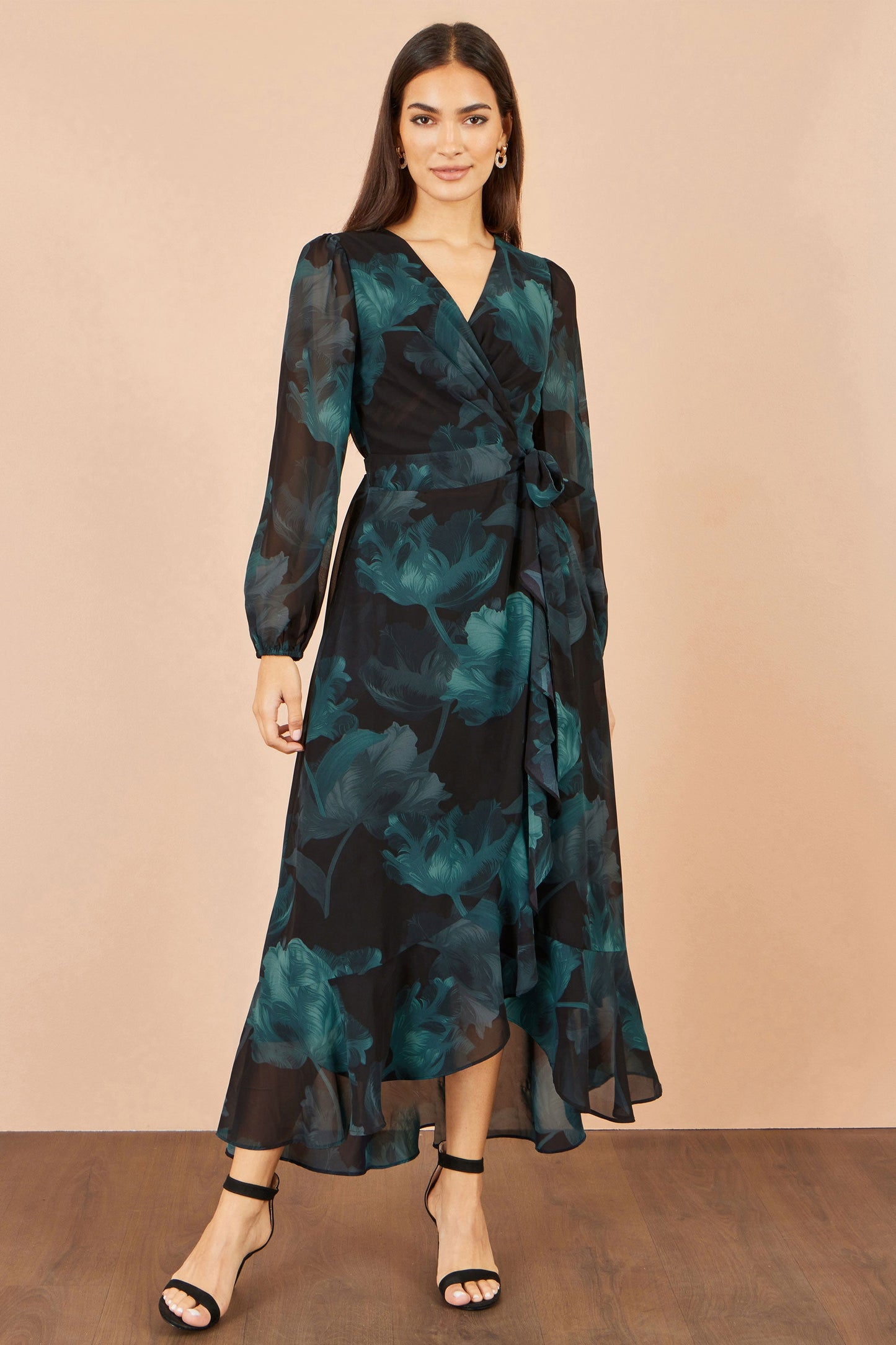 Yumi Black Floral Dipped Hem Wrap Midi Dress