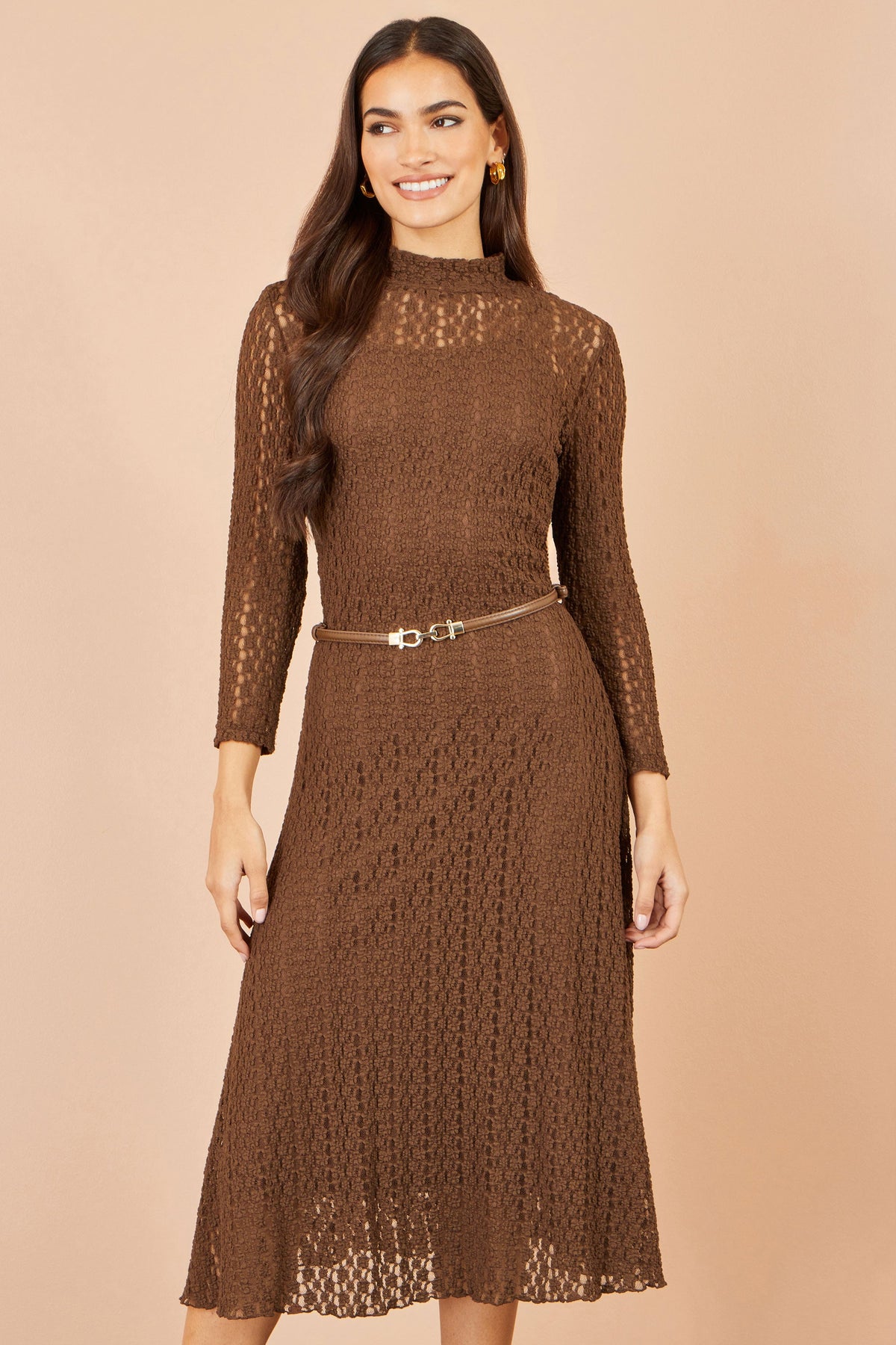 Yumi Brown High Neck Lace Midi Dress