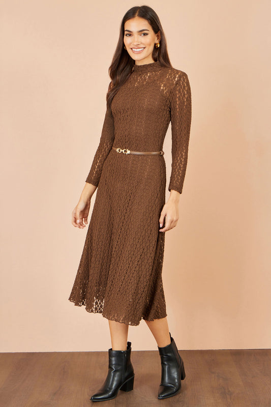 Yumi Brown High Neck Lace Midi Dress