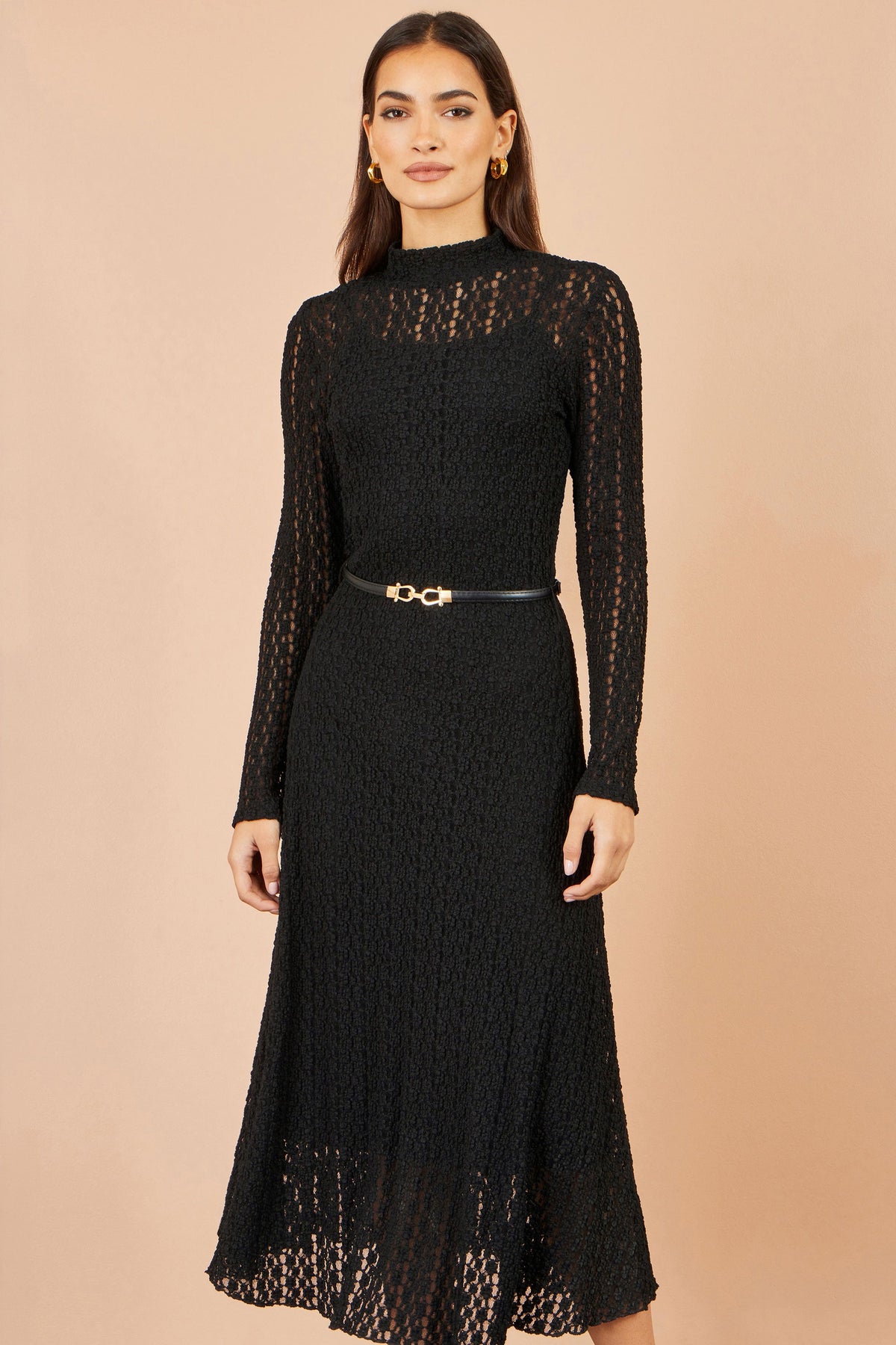 Yumi Black High Neck Lace Midi Dress