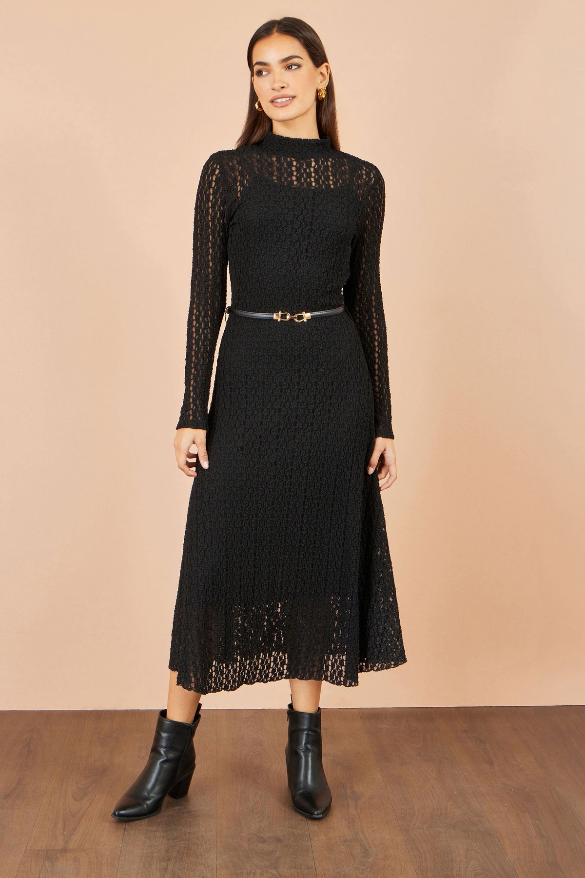 Yumi Black High Neck Lace Midi Dress