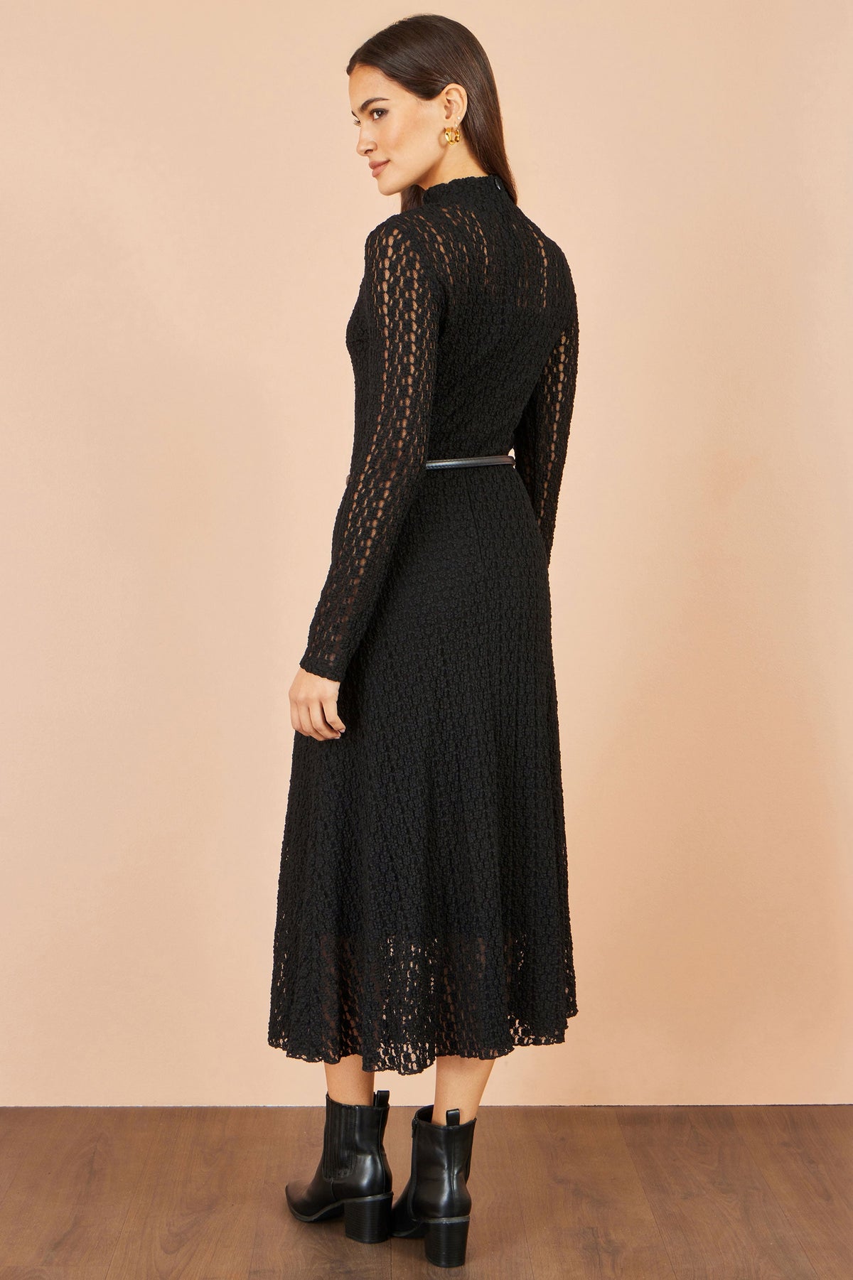 Yumi Black High Neck Lace Midi Dress