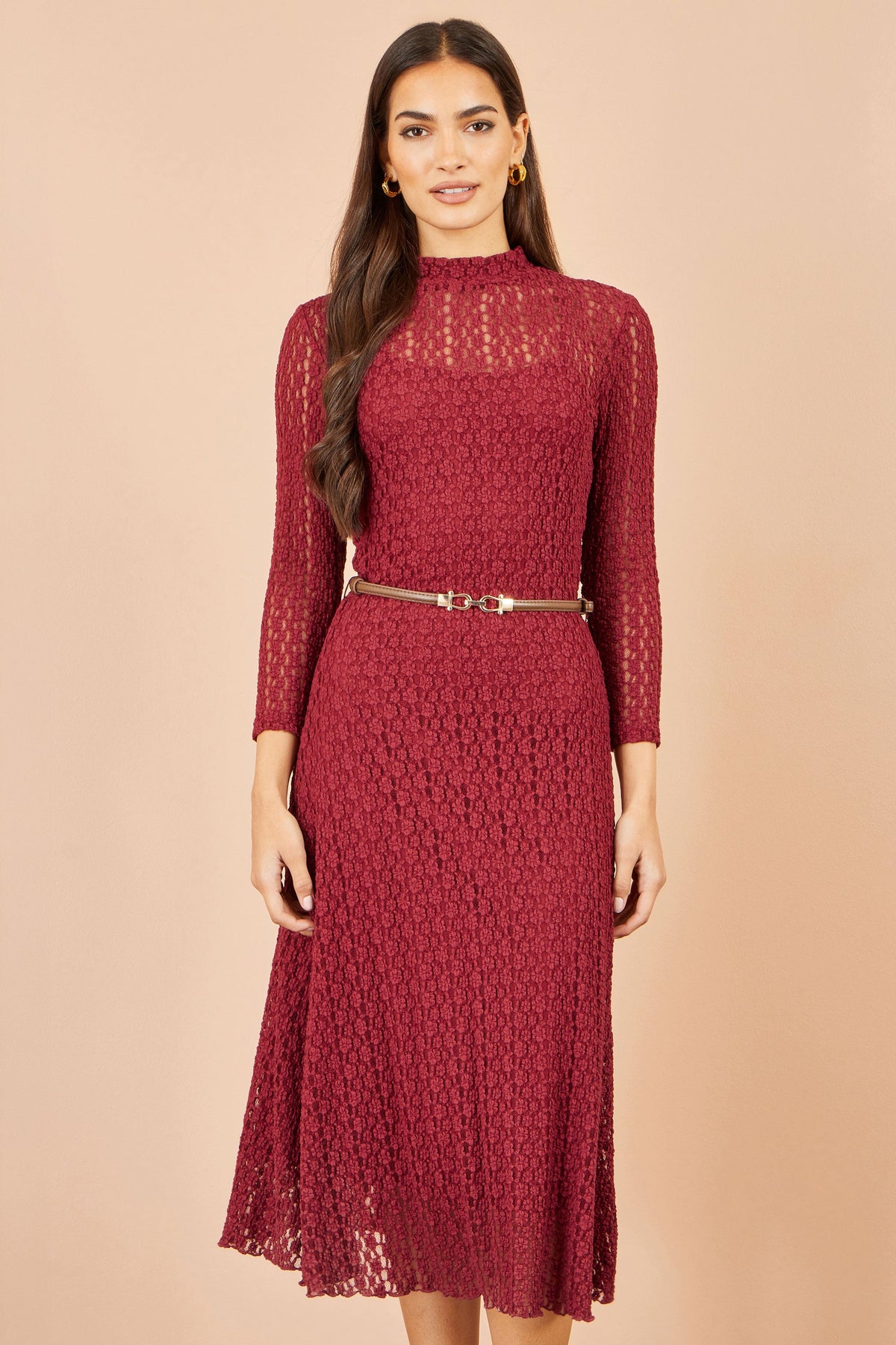 Yumi Burgundy High Neck Lace Midi Dress