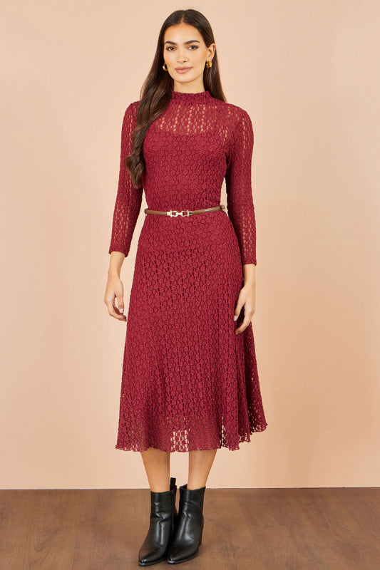 Yumi Burgundy High Neck Lace Midi Dress