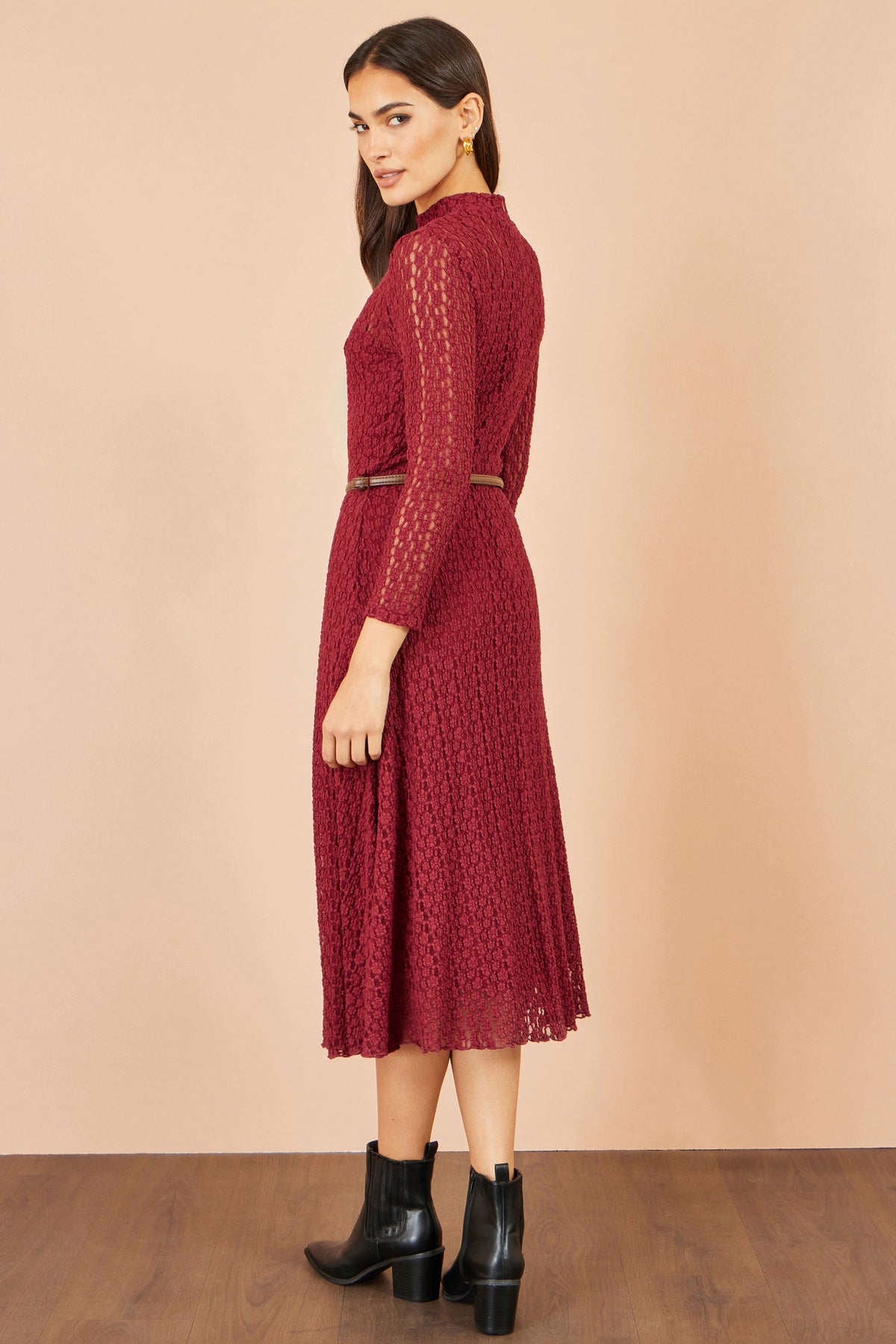 Yumi Burgundy High Neck Lace Midi Dress