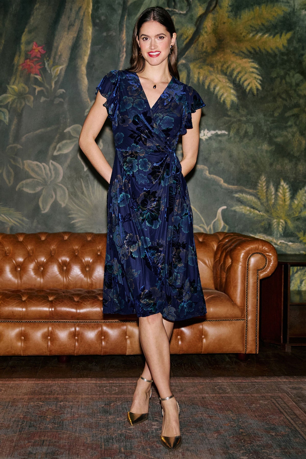Yumi Blue Velvet Floral Wrap Midi Dress