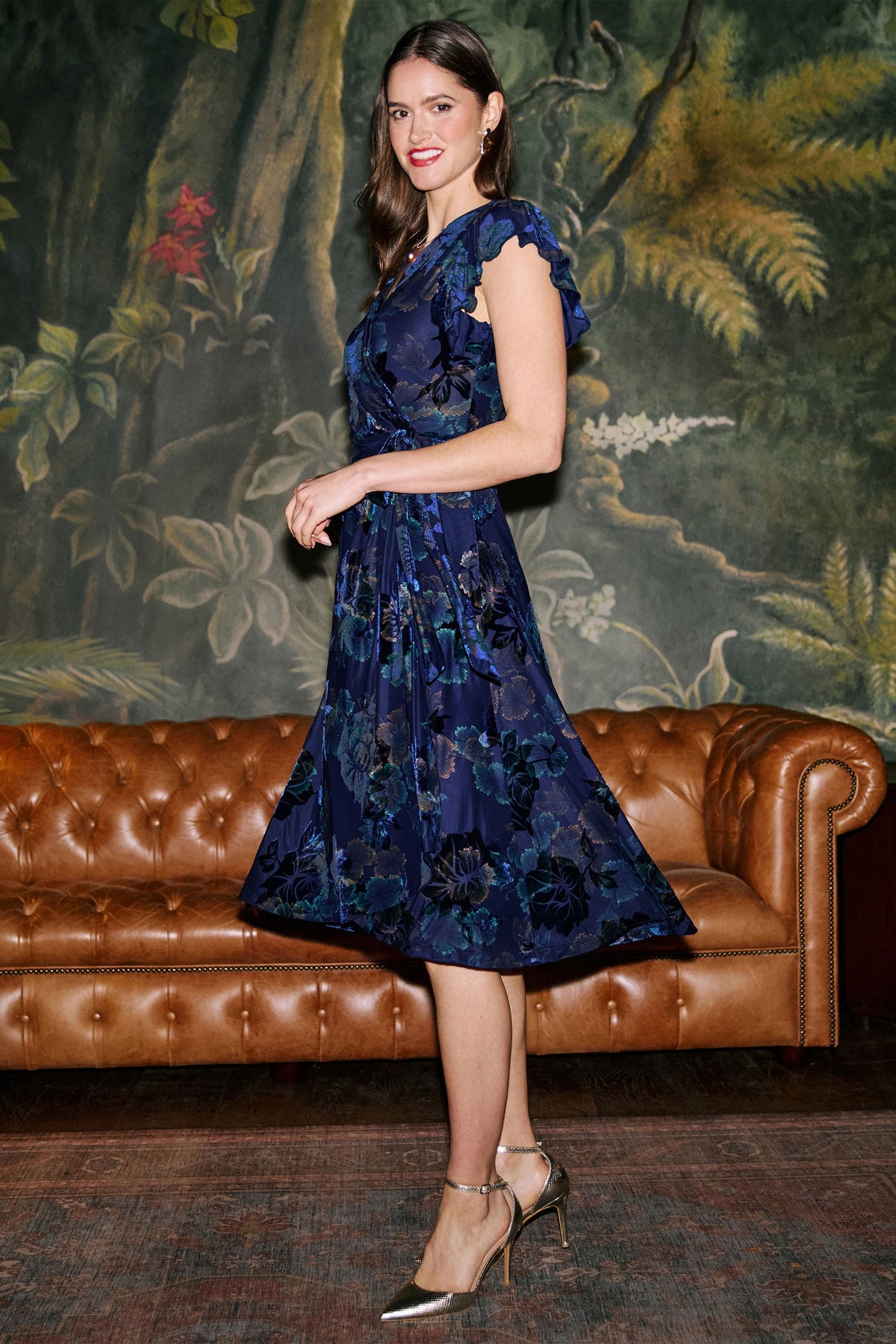 Yumi Blue Velvet Floral Wrap Midi Dress