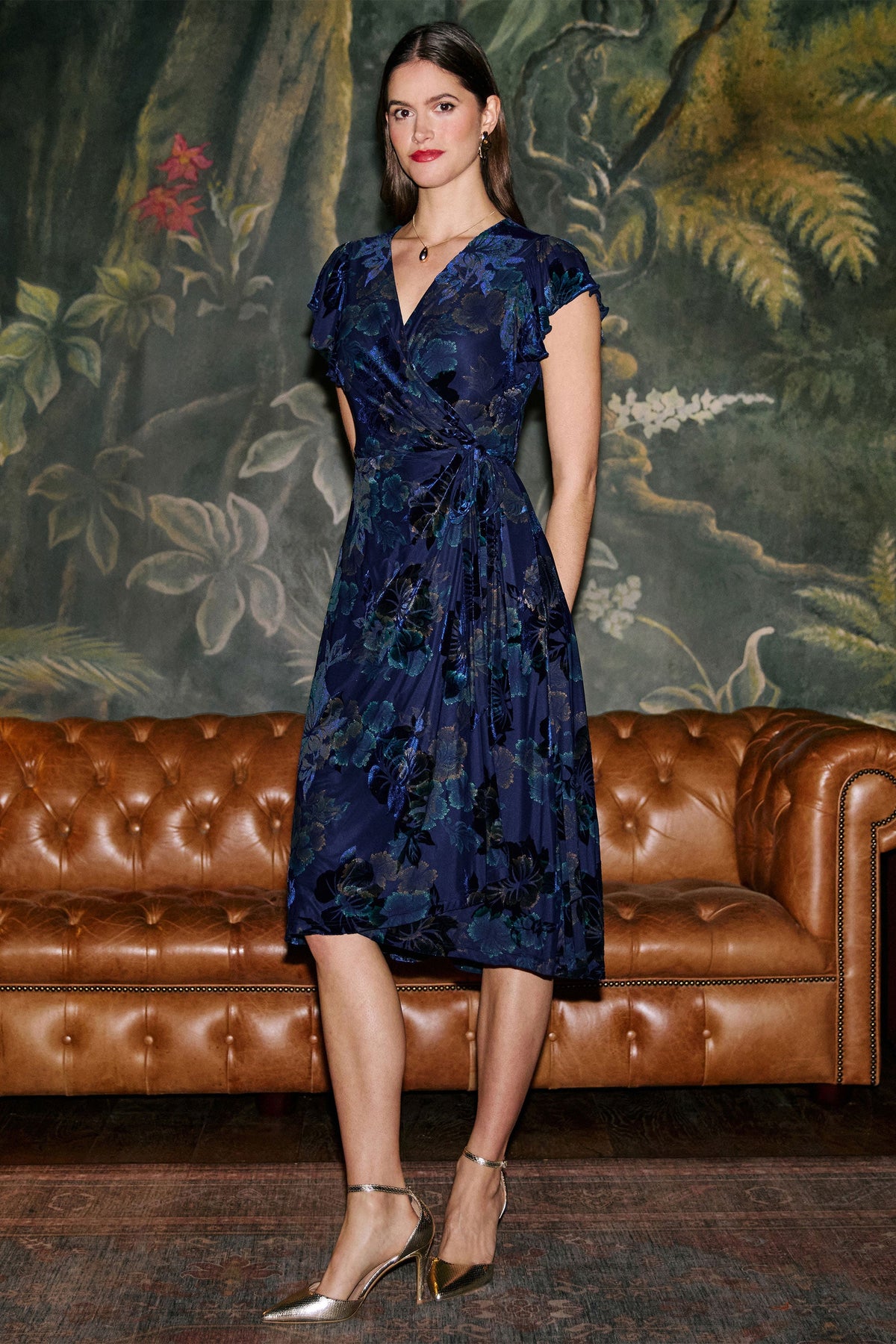 Yumi Blue Velvet Floral Wrap Midi Dress