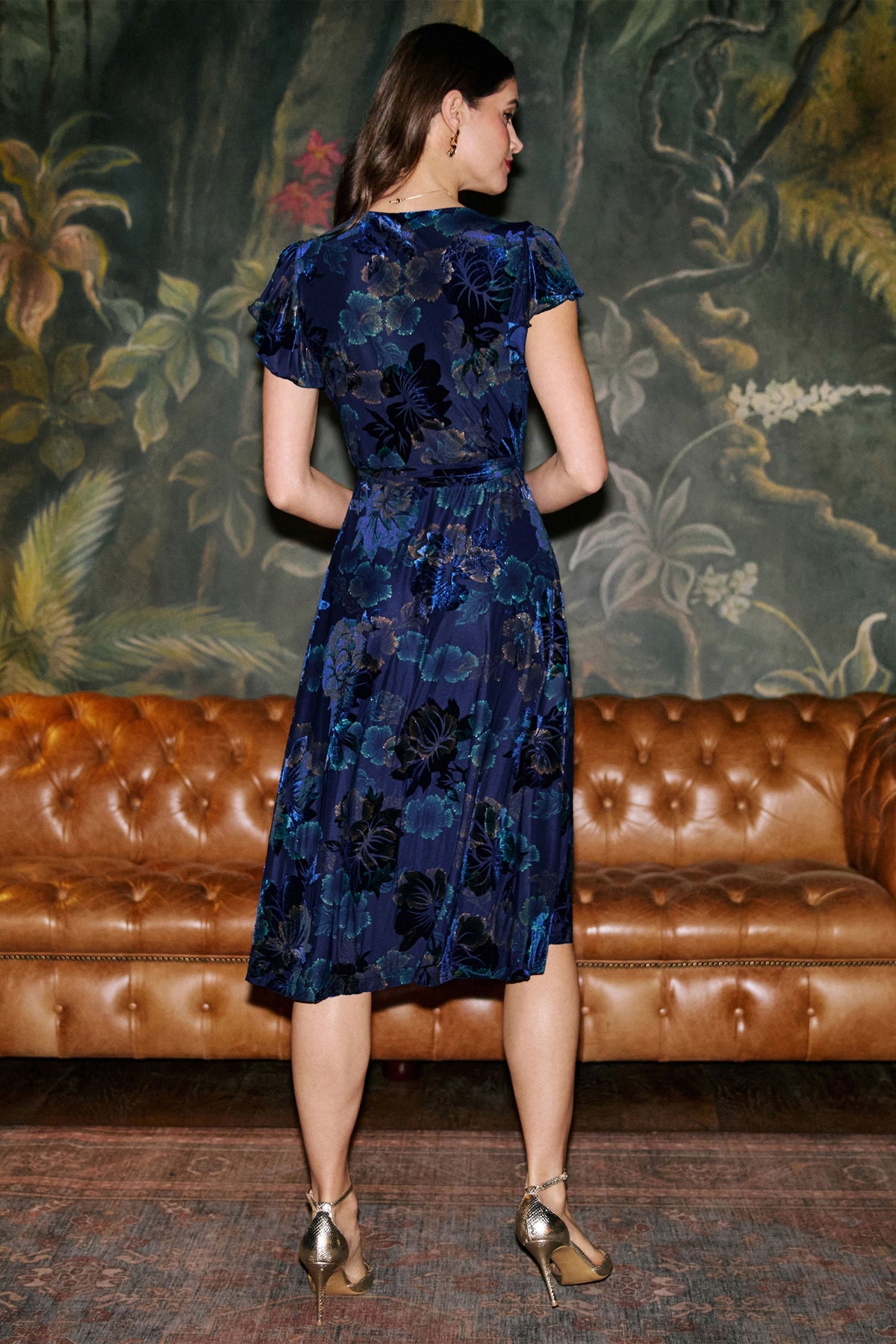 Yumi Blue Velvet Floral Wrap Midi Dress