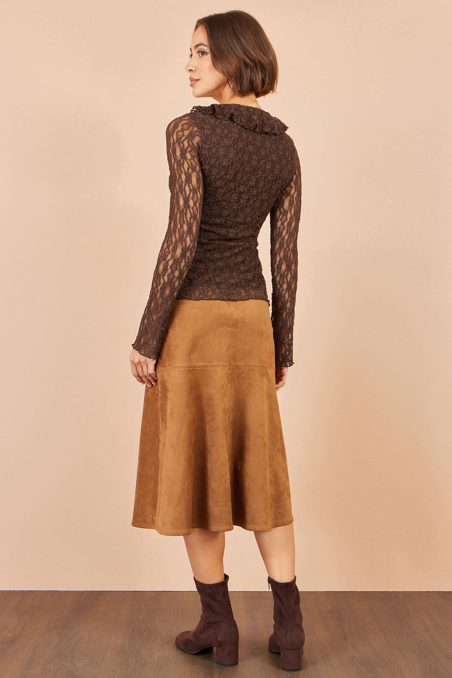 Yumi Brown Ruffle Lace Top