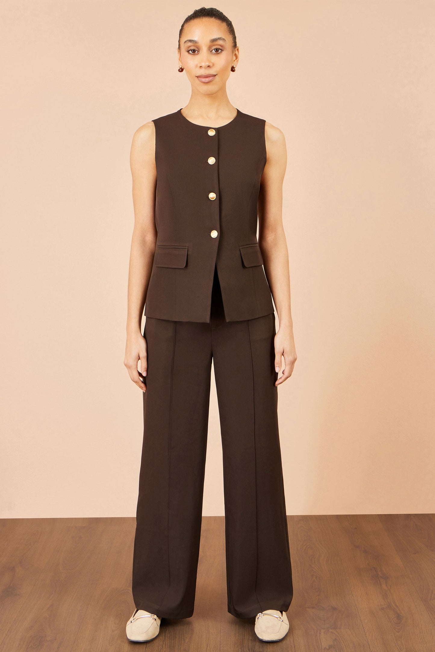 Yumi Brown Long Line Button Waistcoat Top