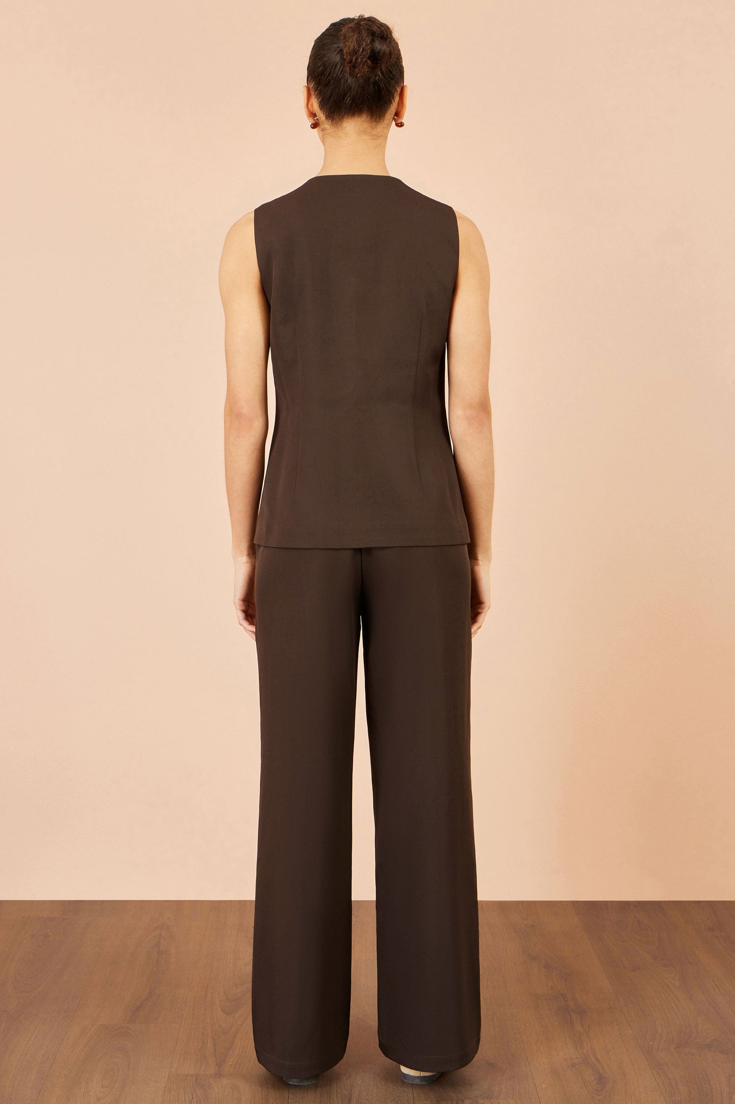 Yumi Brown Long Line Button Waistcoat Top