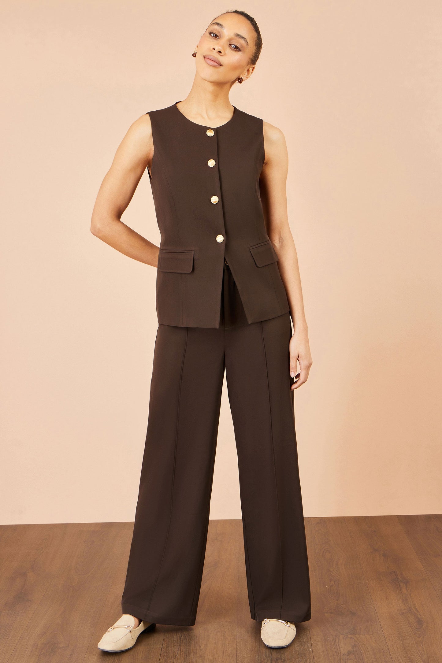 Yumi Brown Wide Leg Stretch Trousers