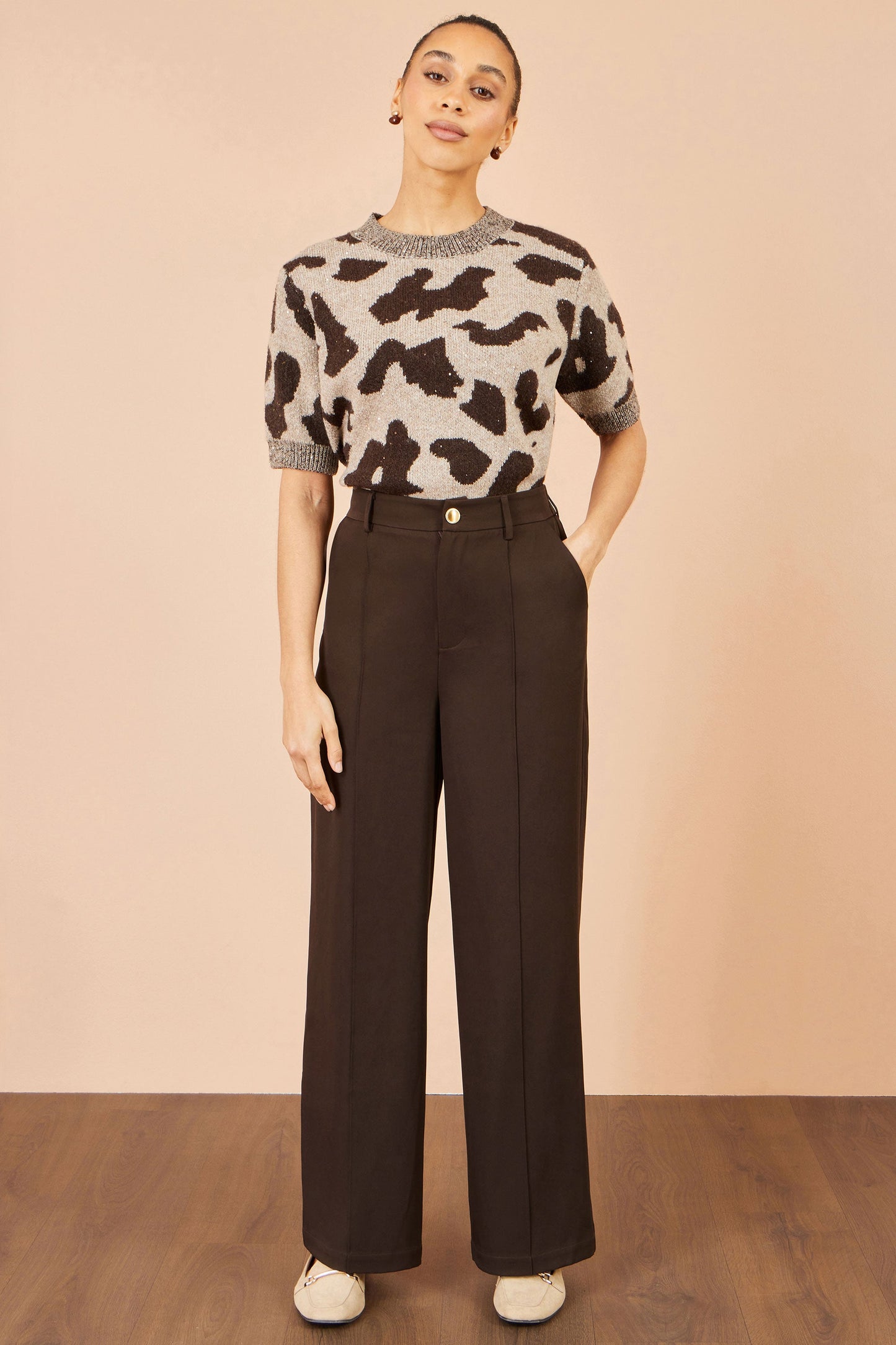 Yumi Brown Wide Leg Stretch Trousers