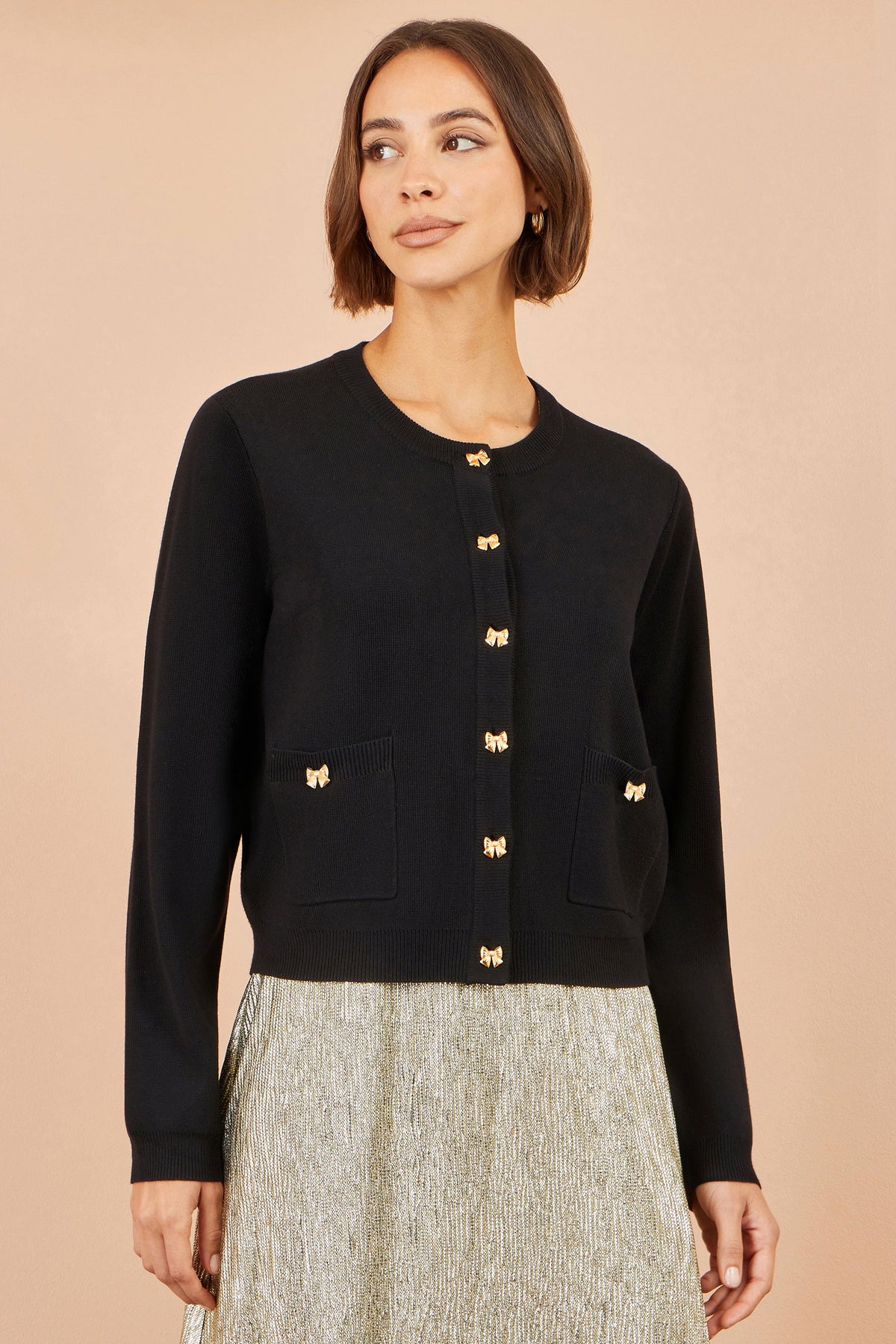 Yumi Black Bow Button Cardigan