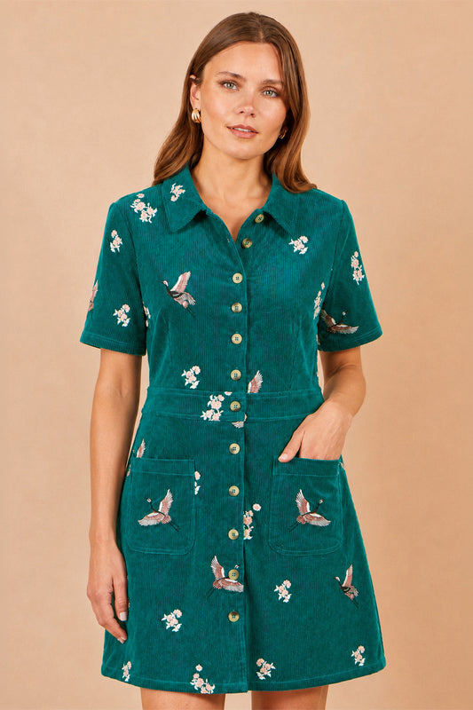 Yumi Teal Crane Embroidered Shirt Dress
