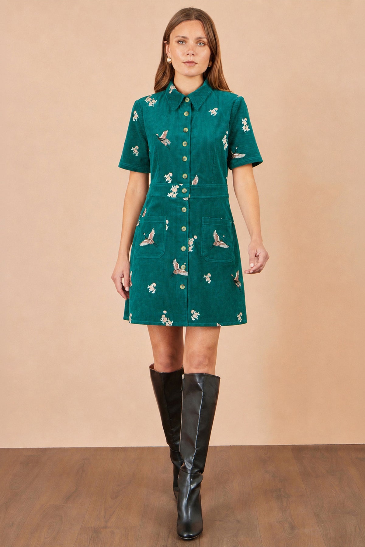 Yumi Teal Crane Embroidered Shirt Dress