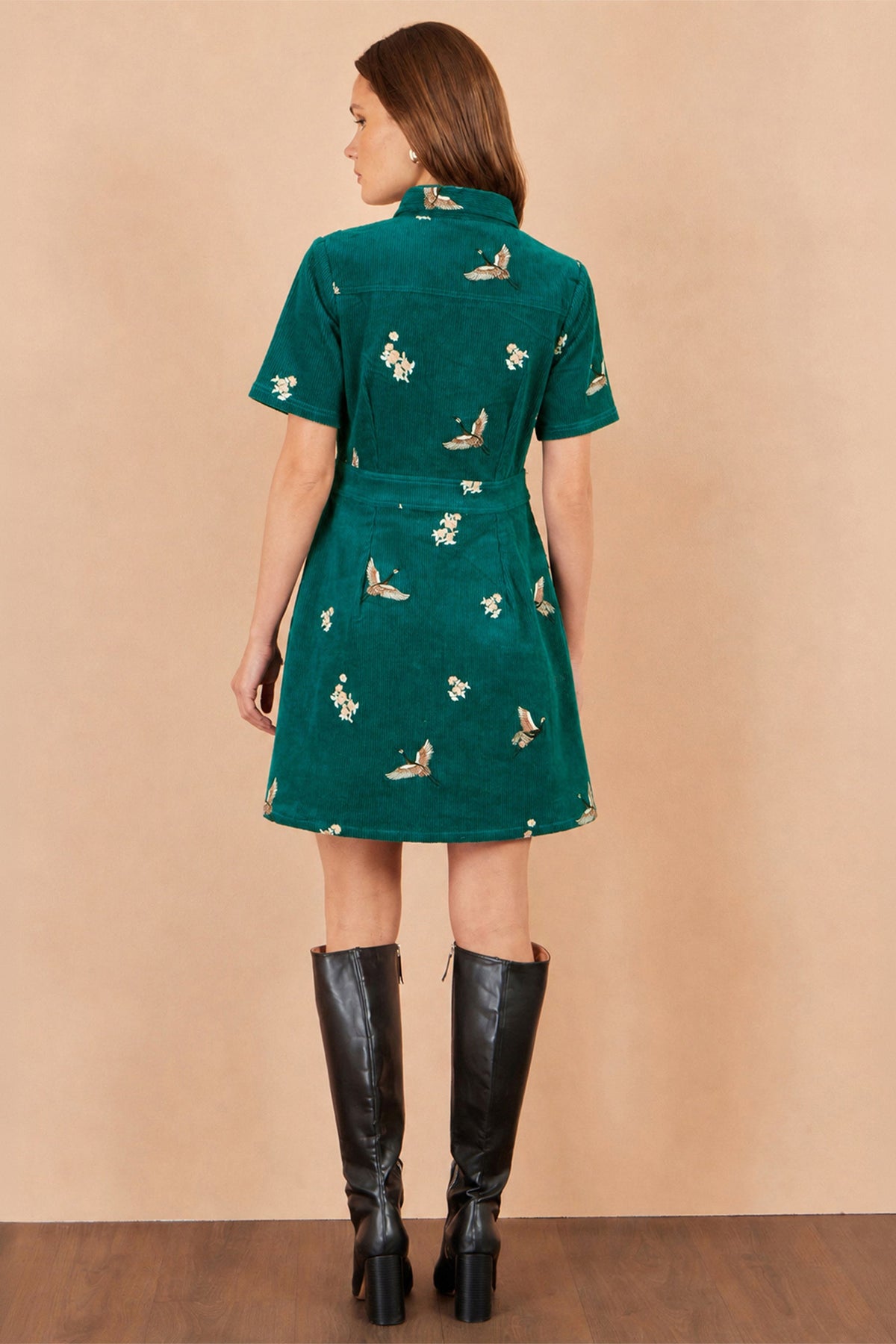 Yumi Teal Crane Embroidered Shirt Dress