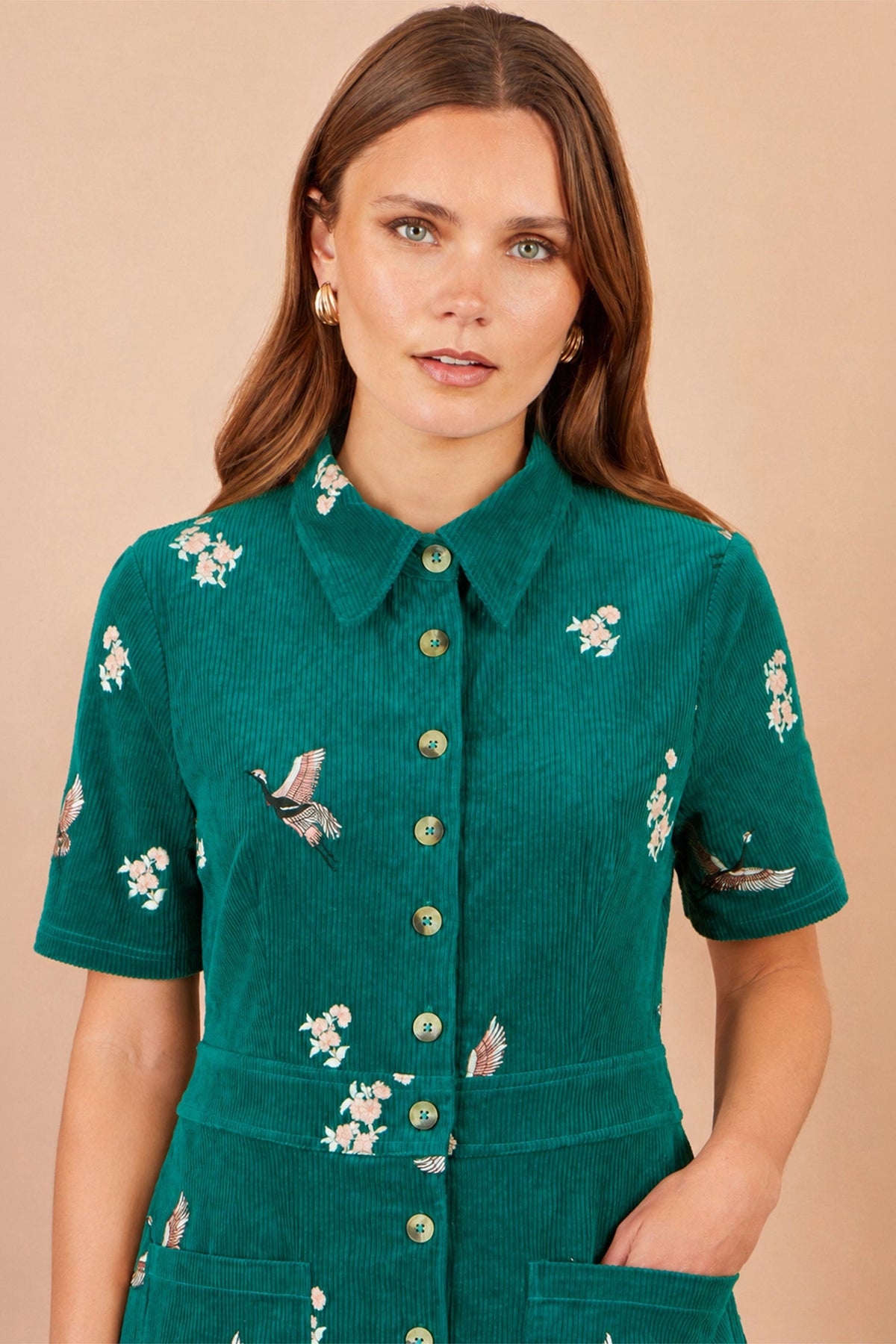 Yumi Teal Crane Embroidered Shirt Dress