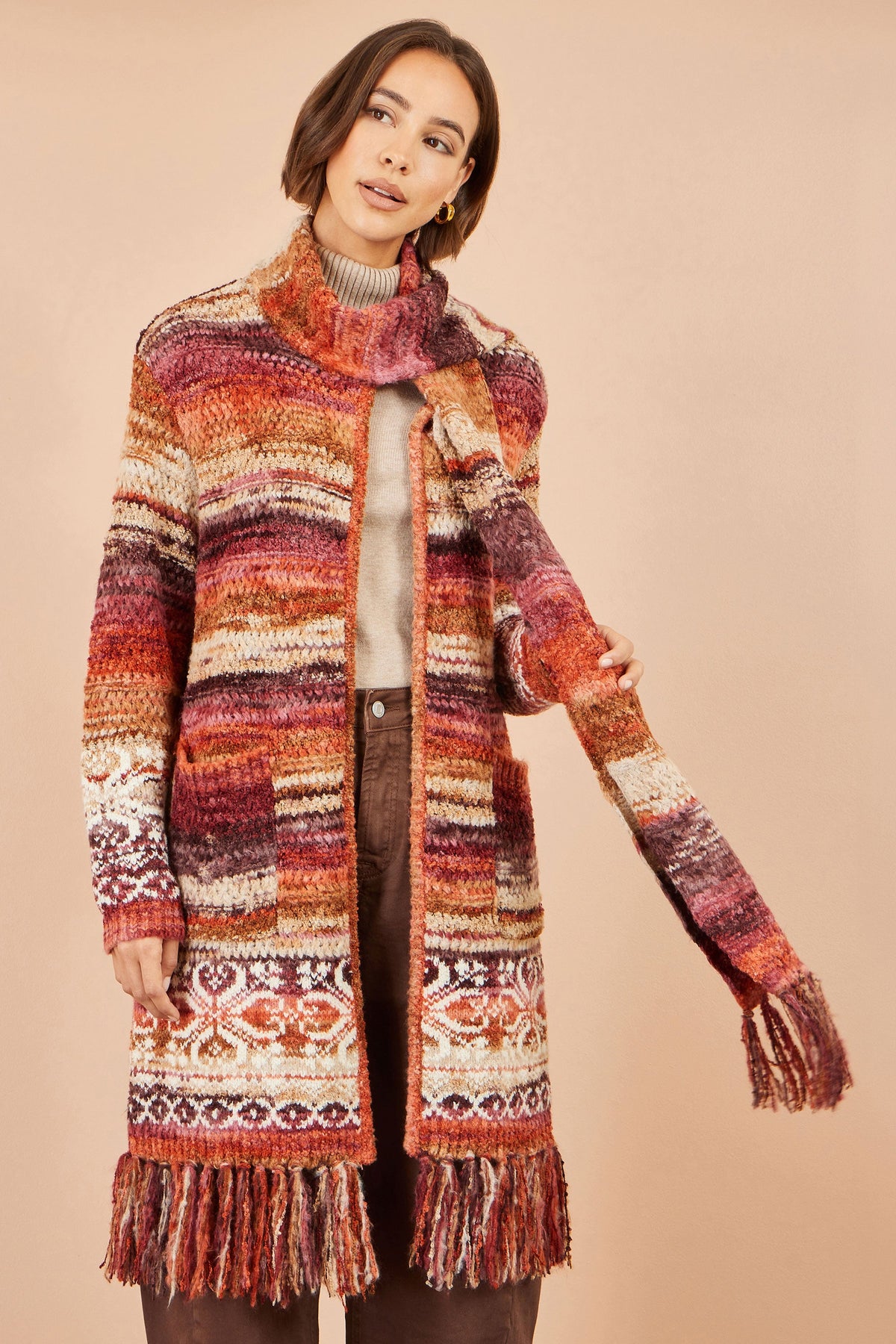 Yumi Orange Boucle Soft Long Cardigan With Scarf