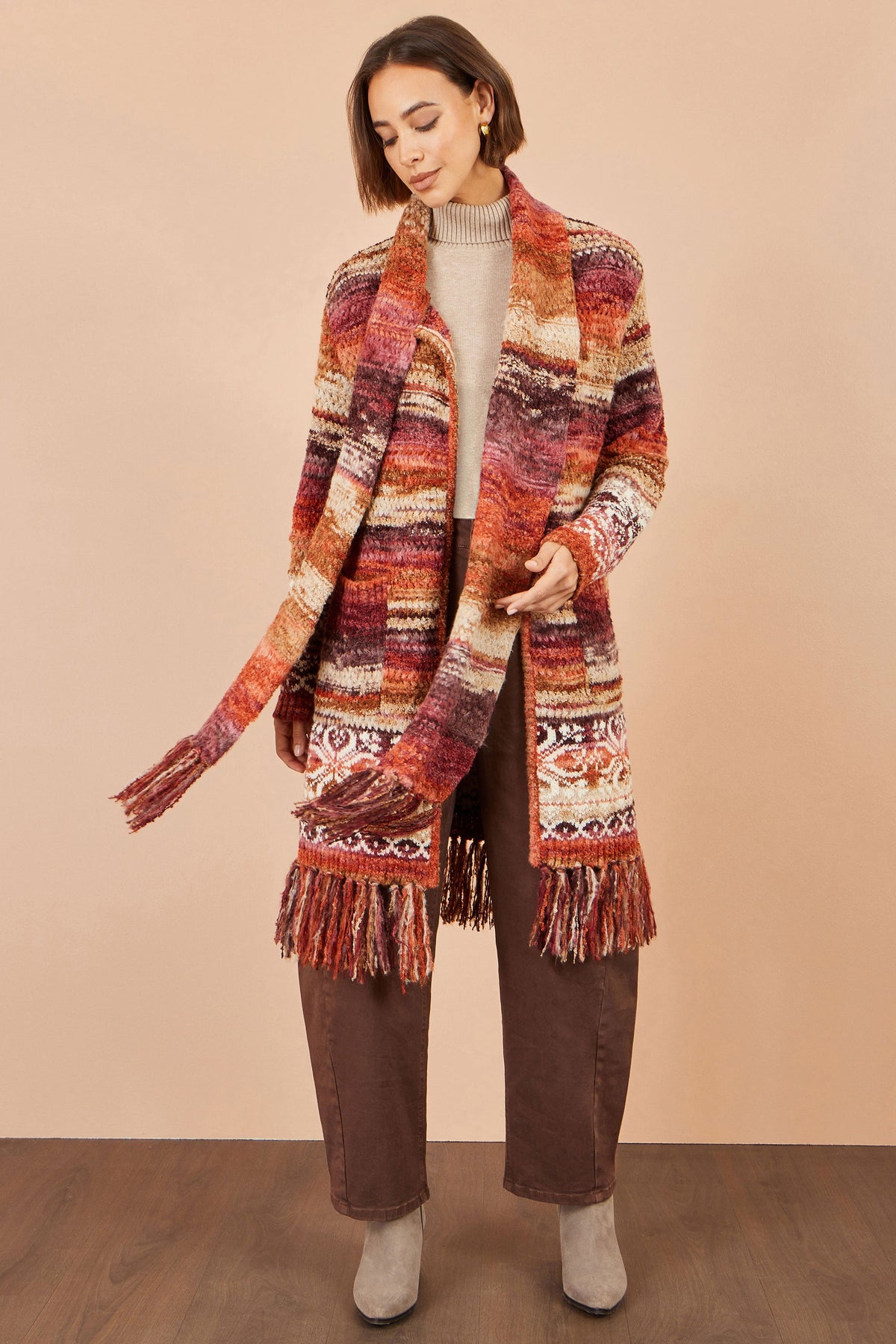 Yumi Orange Boucle Soft Long Cardigan With Scarf