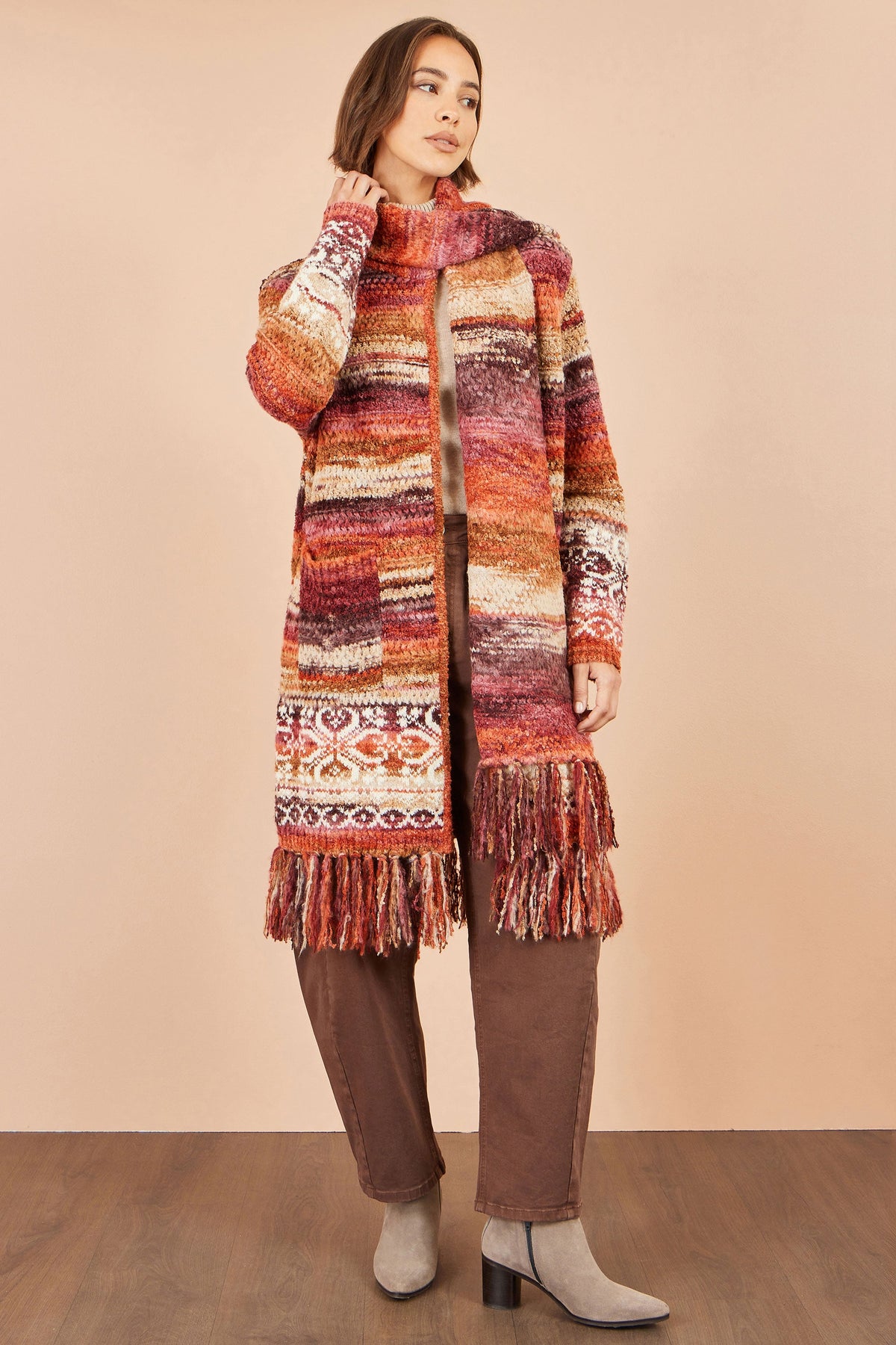 Yumi Orange Boucle Soft Long Cardigan With Scarf