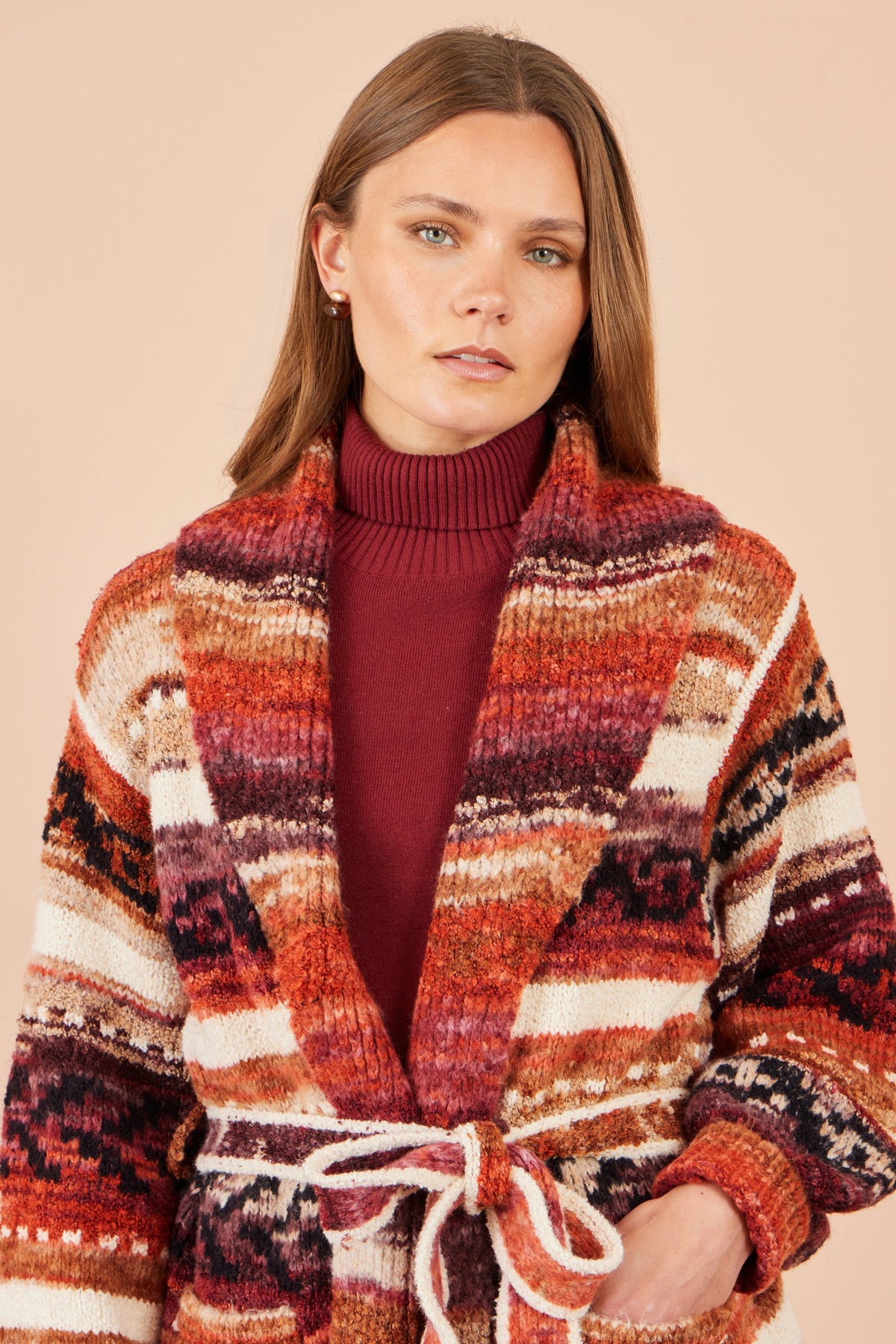 Yumi Orange Stripe Fairisle Soft Wrap Cardigan