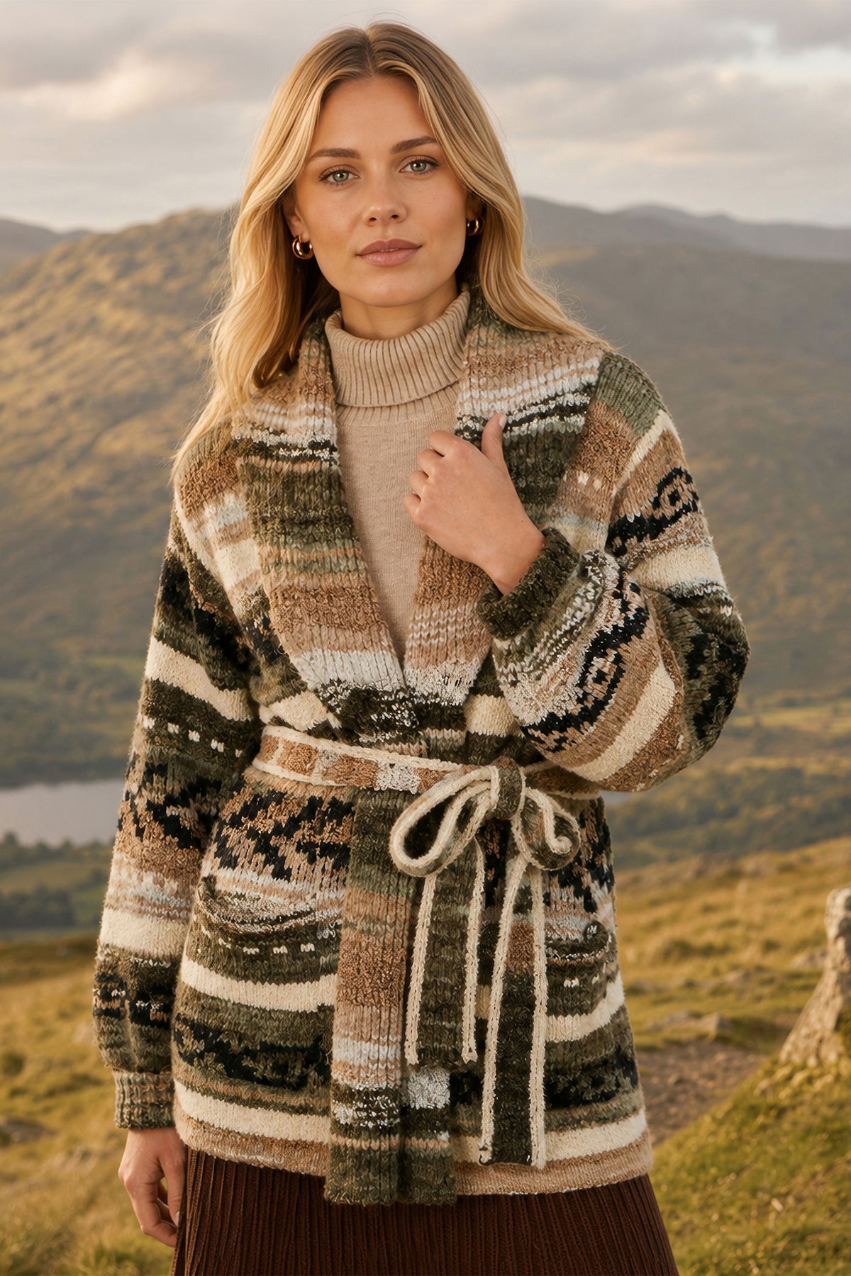 Yumi Green Stripe Fairisle Soft Wrap Cardigan