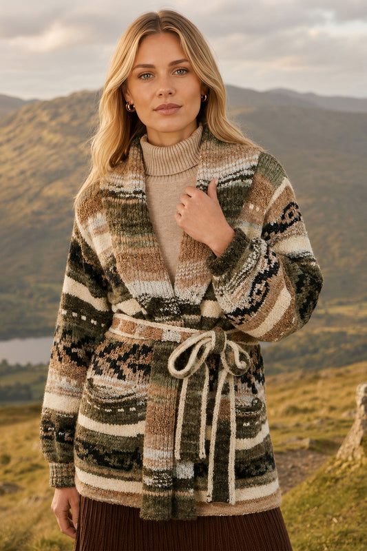 Yumi Green Stripe Fairisle Soft Wrap Cardigan
