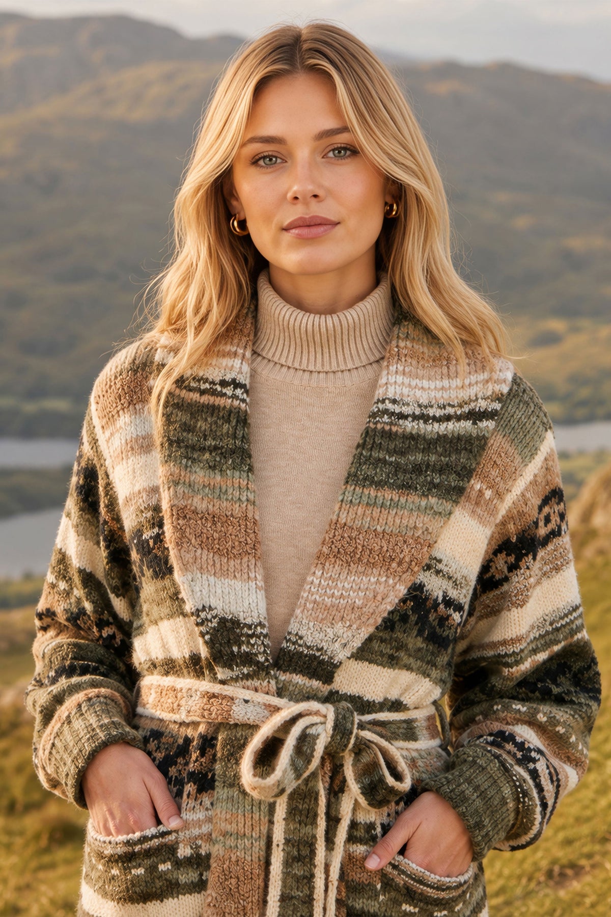 Yumi Green Stripe Fairisle Soft Wrap Cardigan