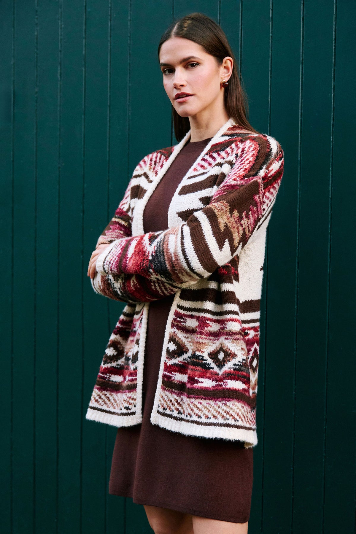 Yumi Multicolour Aztec Boucle Open Cardigan