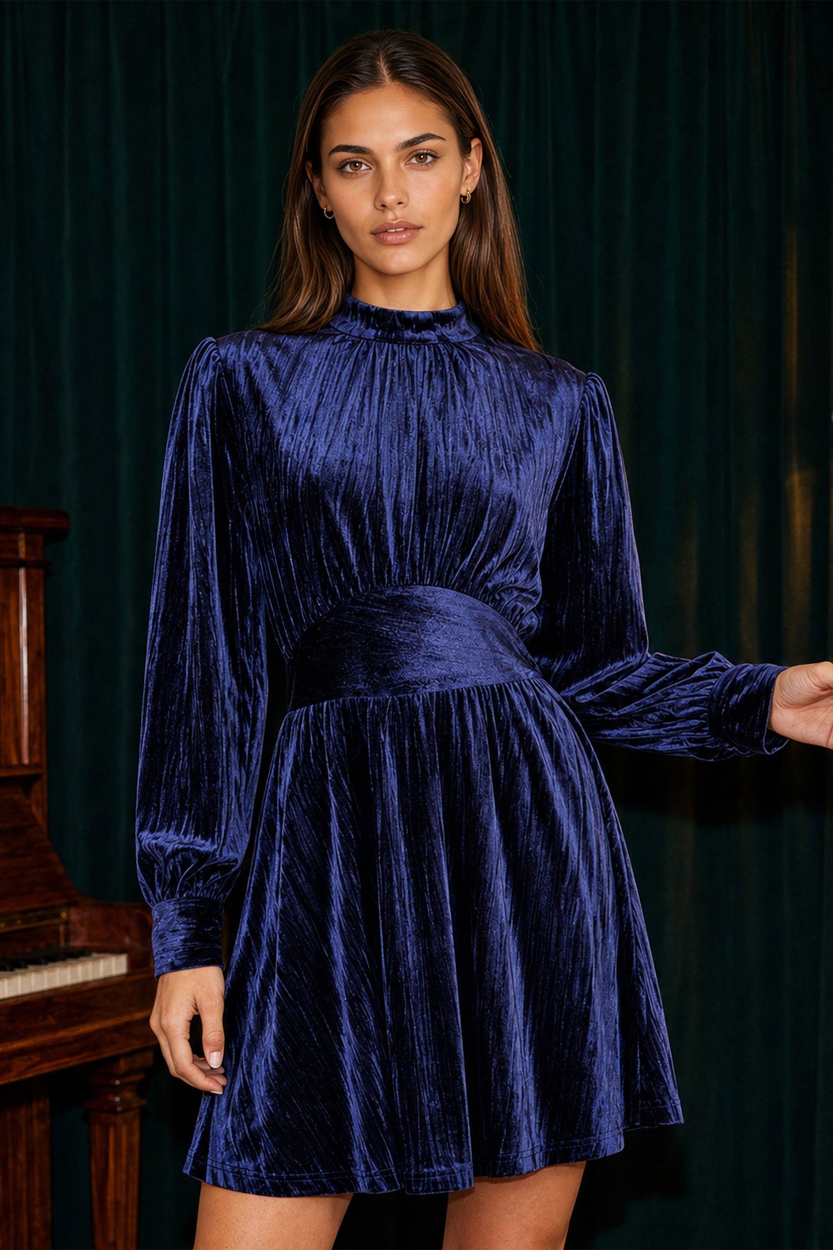 Yumi Navy Ruched Waist Velvet Skater Dress