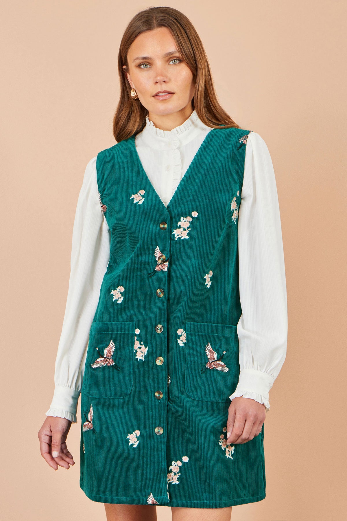 Yumi Teal Crane Embroidery Button Up Pinafore Dress