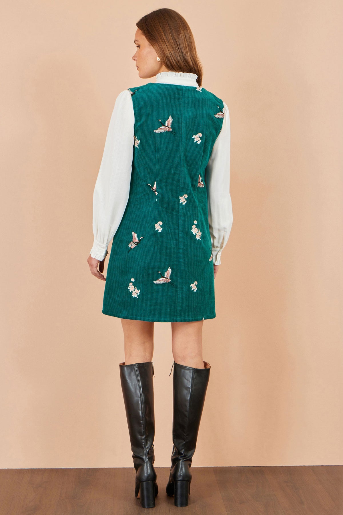 Yumi Teal Crane Embroidery Button Up Pinafore Dress