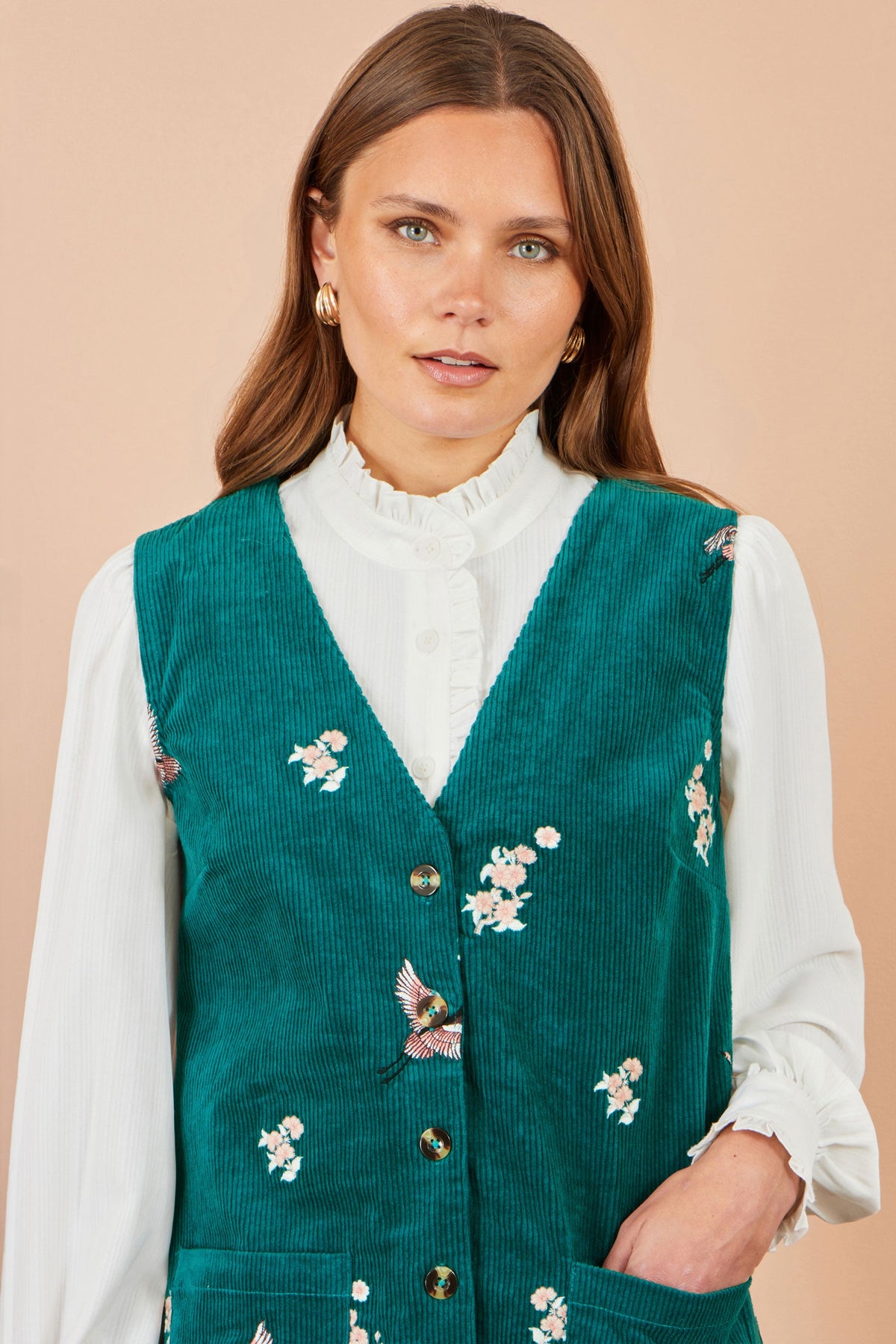 Yumi Teal Crane Embroidery Button Up Pinafore Dress