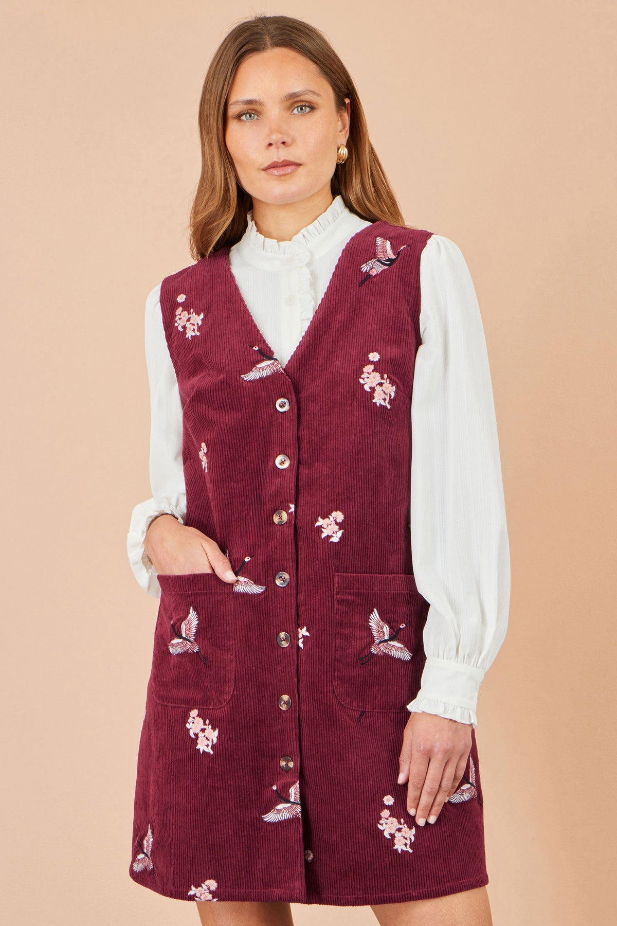 Yumi Burgundy Crane Embroidery Button Up Pinafore Dress