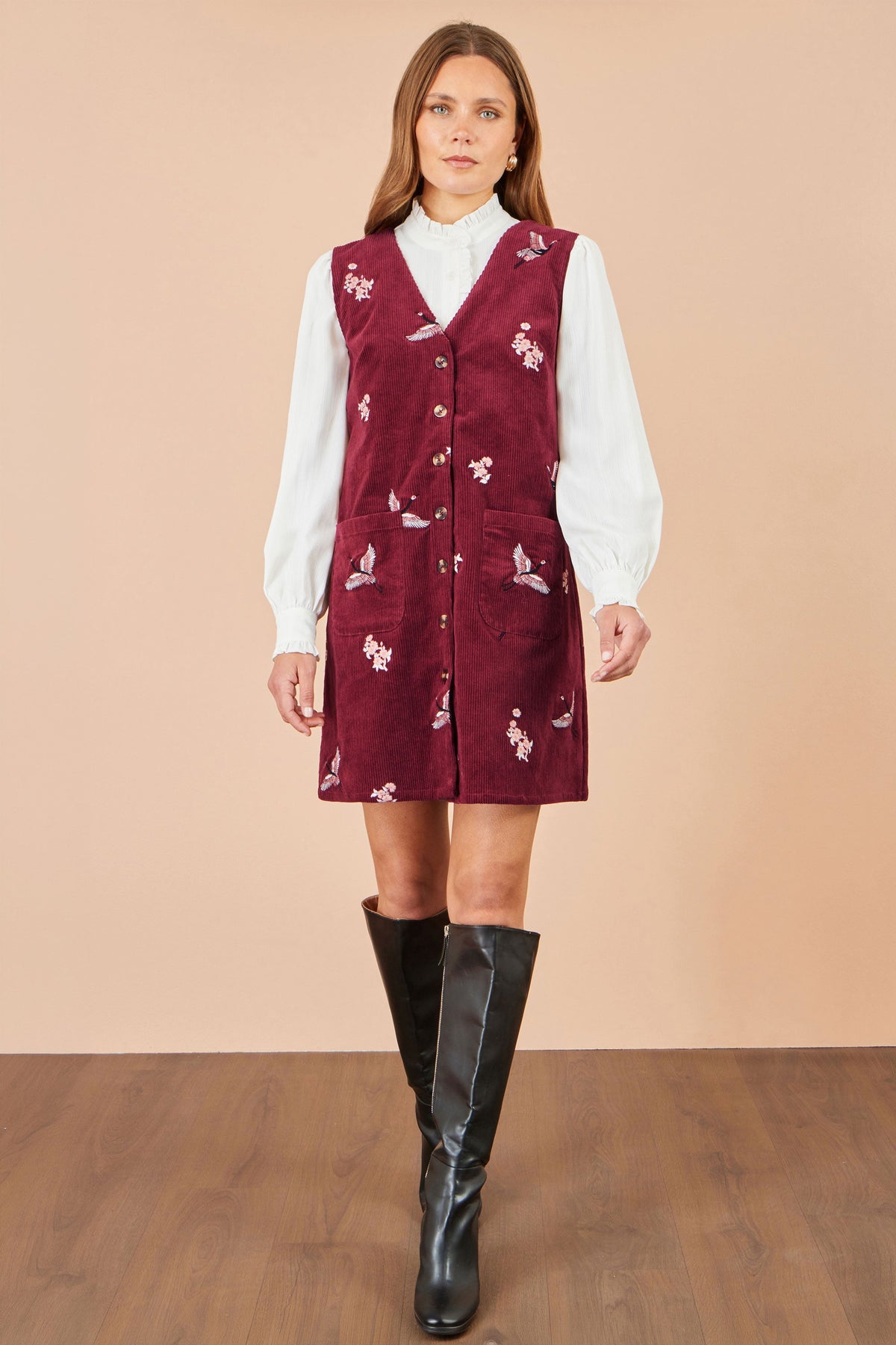 Yumi Burgundy Crane Embroidery Button Up Pinafore Dress