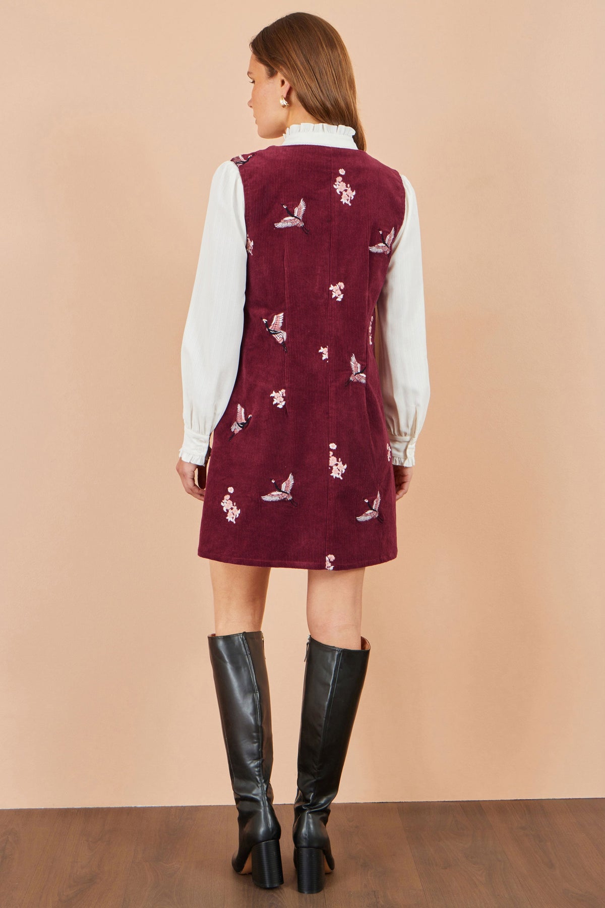 Yumi Burgundy Crane Embroidery Button Up Pinafore Dress