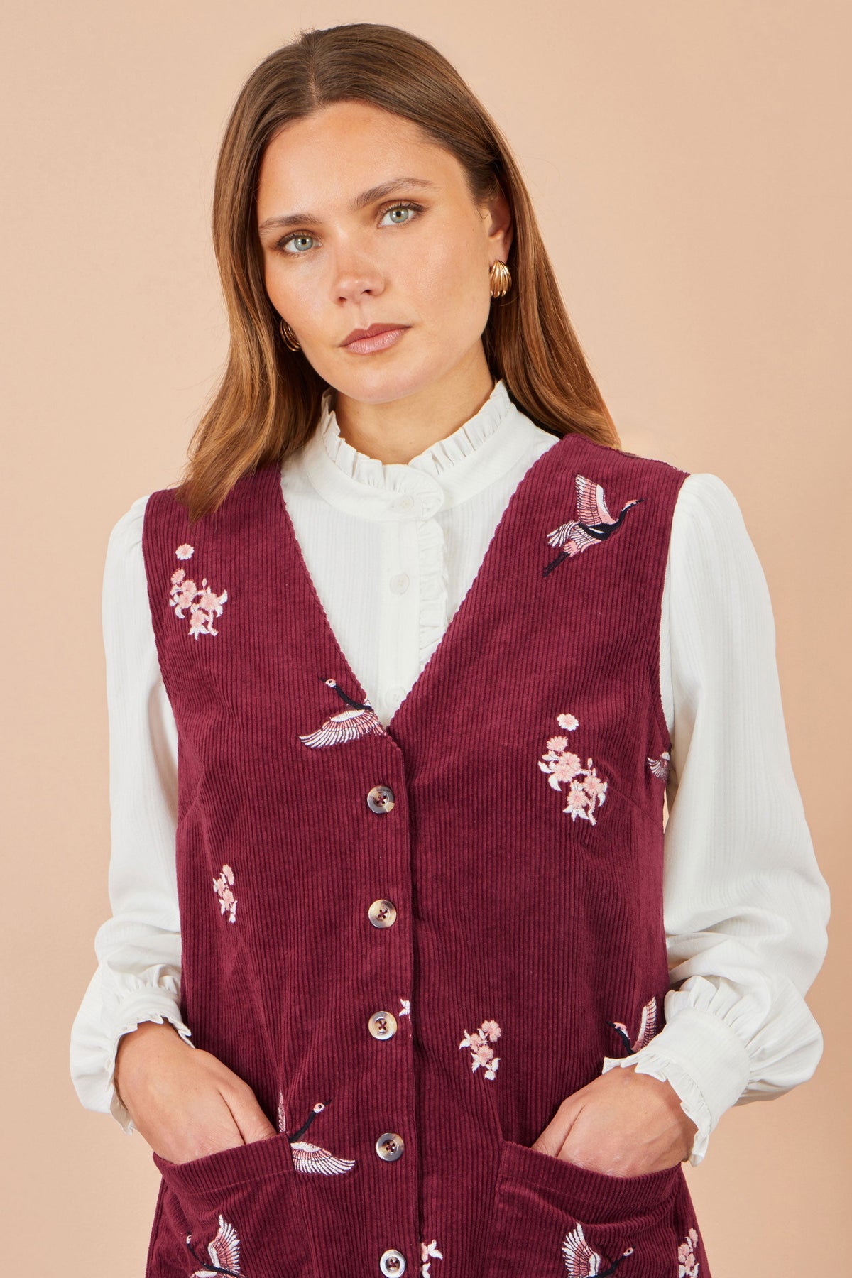 Yumi Burgundy Crane Embroidery Button Up Pinafore Dress
