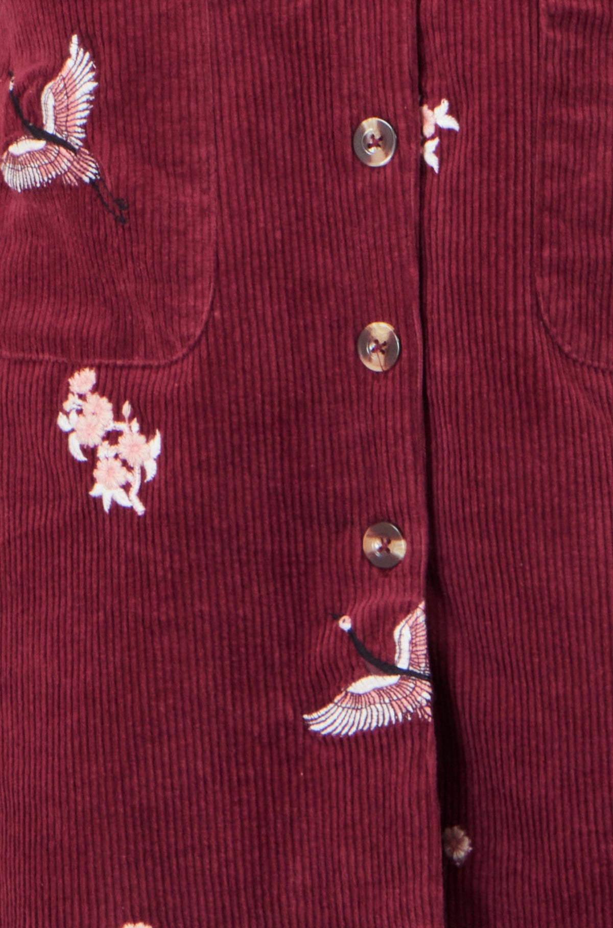 Yumi Burgundy Crane Embroidery Button Up Pinafore Dress