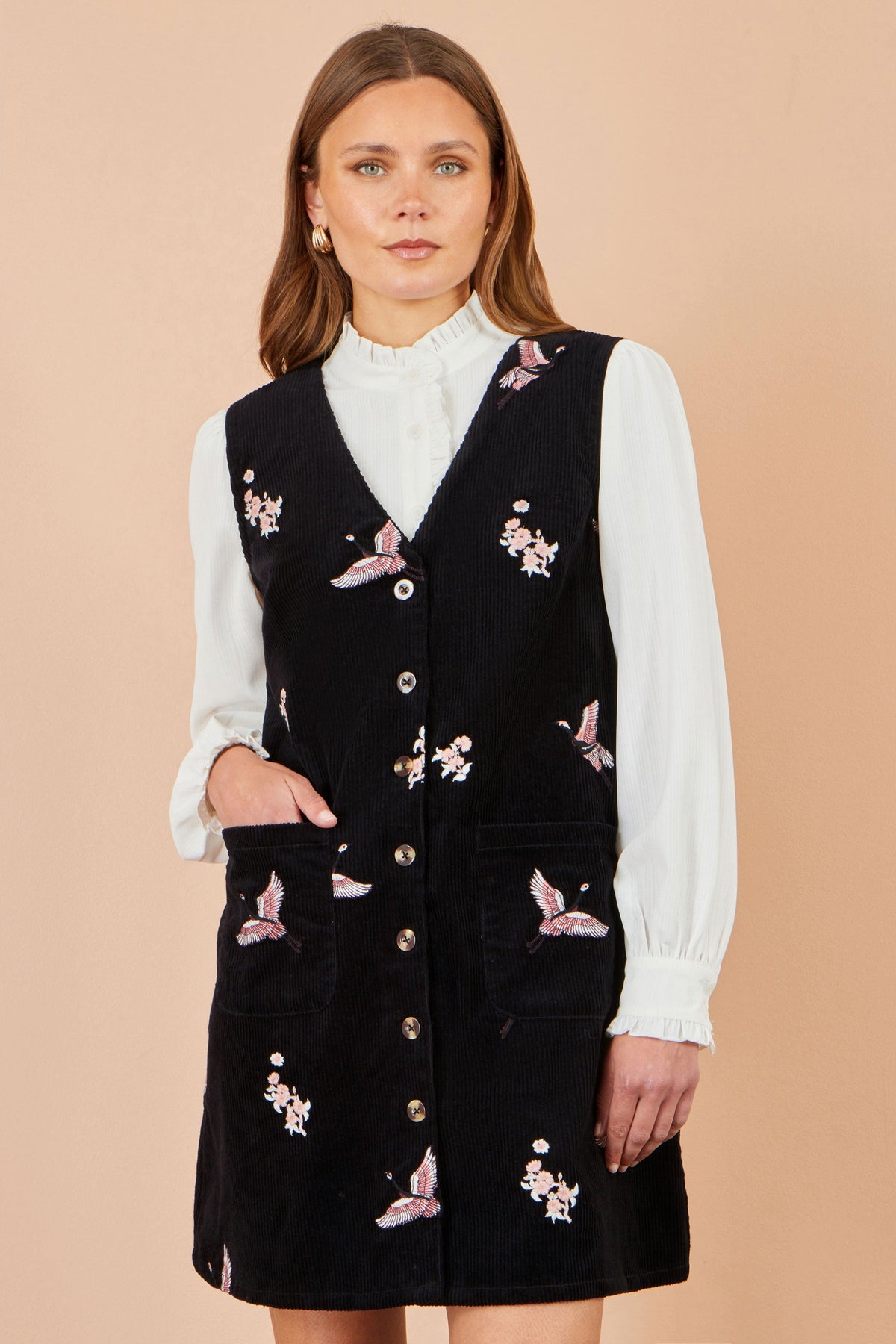 Yumi Black Crane Embroidery Button Up Pinafore Dress