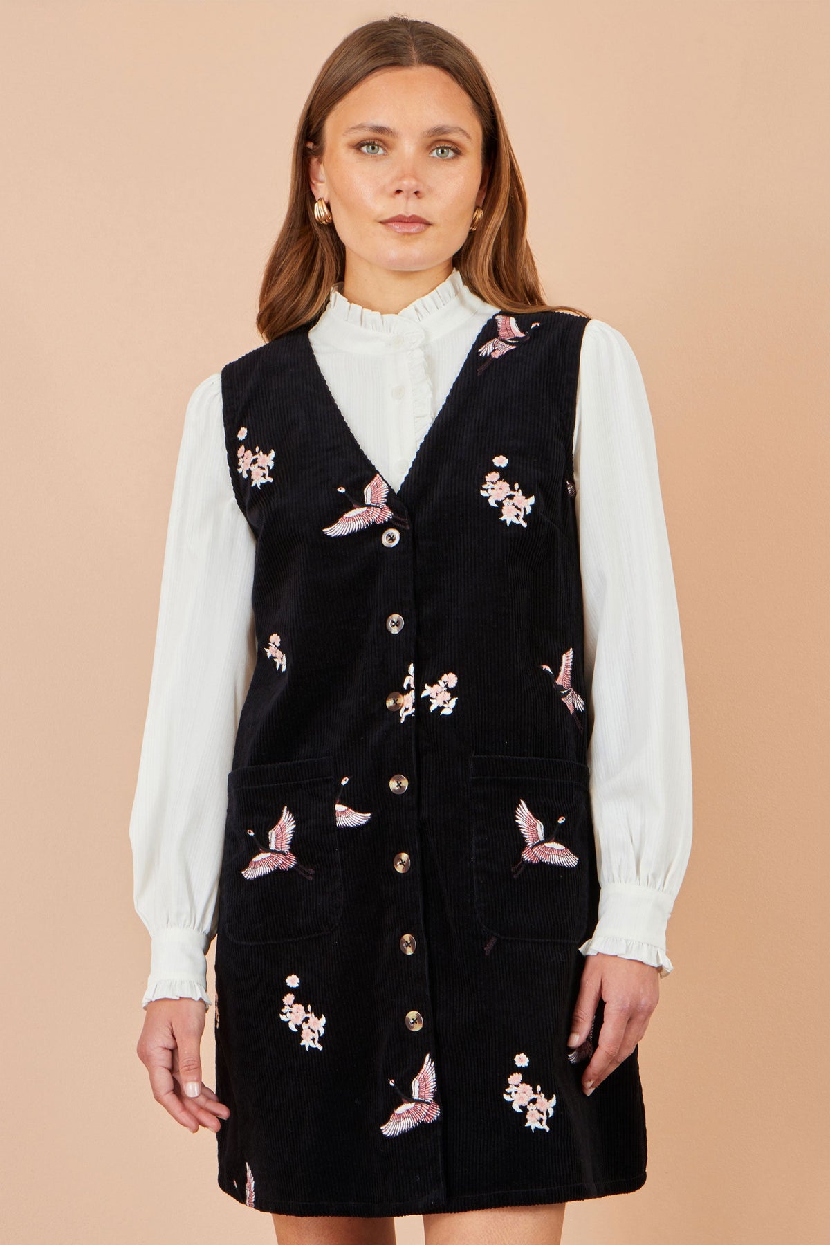 Yumi Black Crane Embroidery Button Up Pinafore Dress