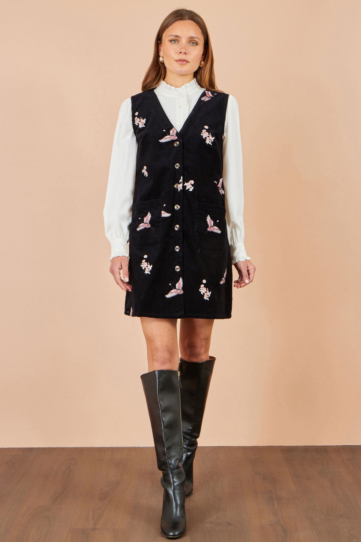 Yumi Black Crane Embroidery Button Up Pinafore Dress