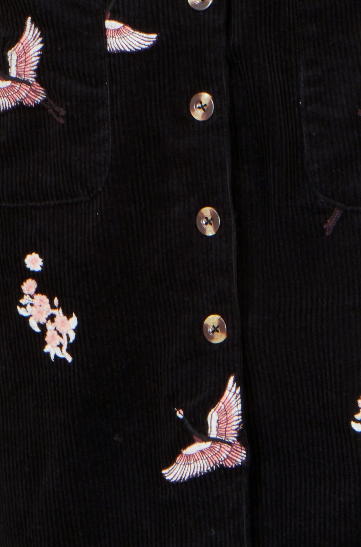 Yumi Black Crane Embroidery Button Up Pinafore Dress